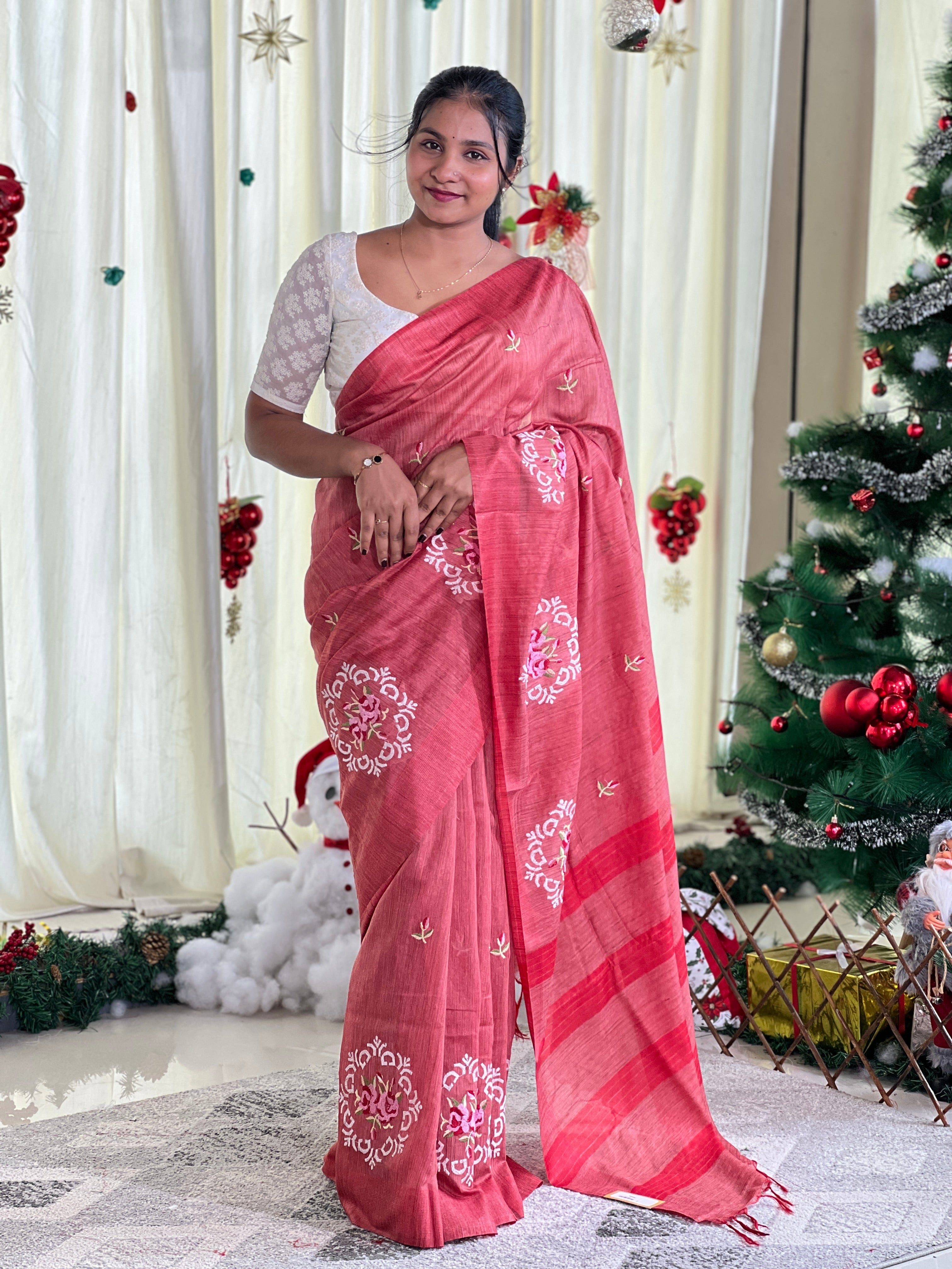 Embroidery Detailed Bhagalpuri Linen Saree | NHH579