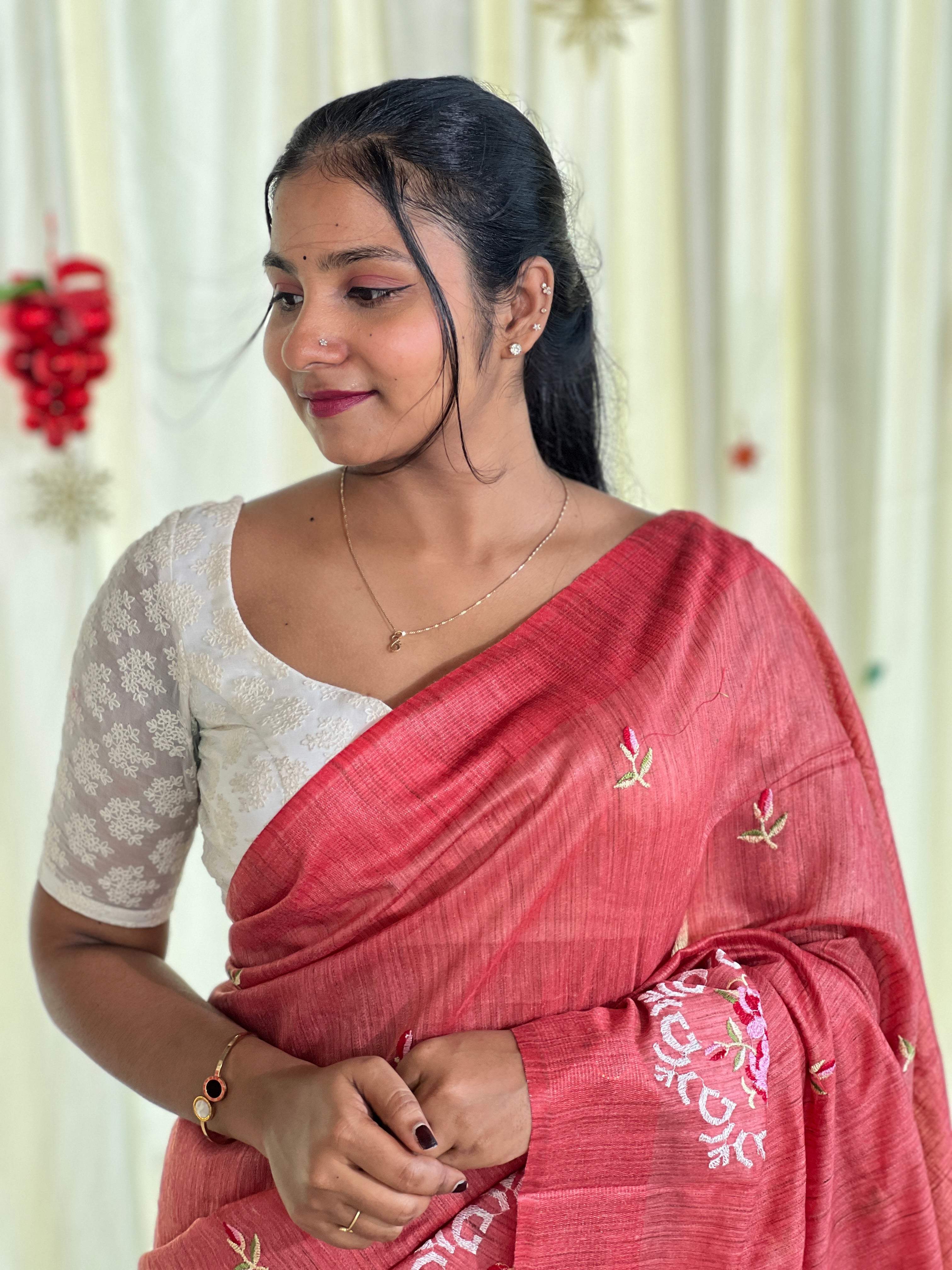 Embroidery Detailed Bhagalpuri Linen Saree | NHH579