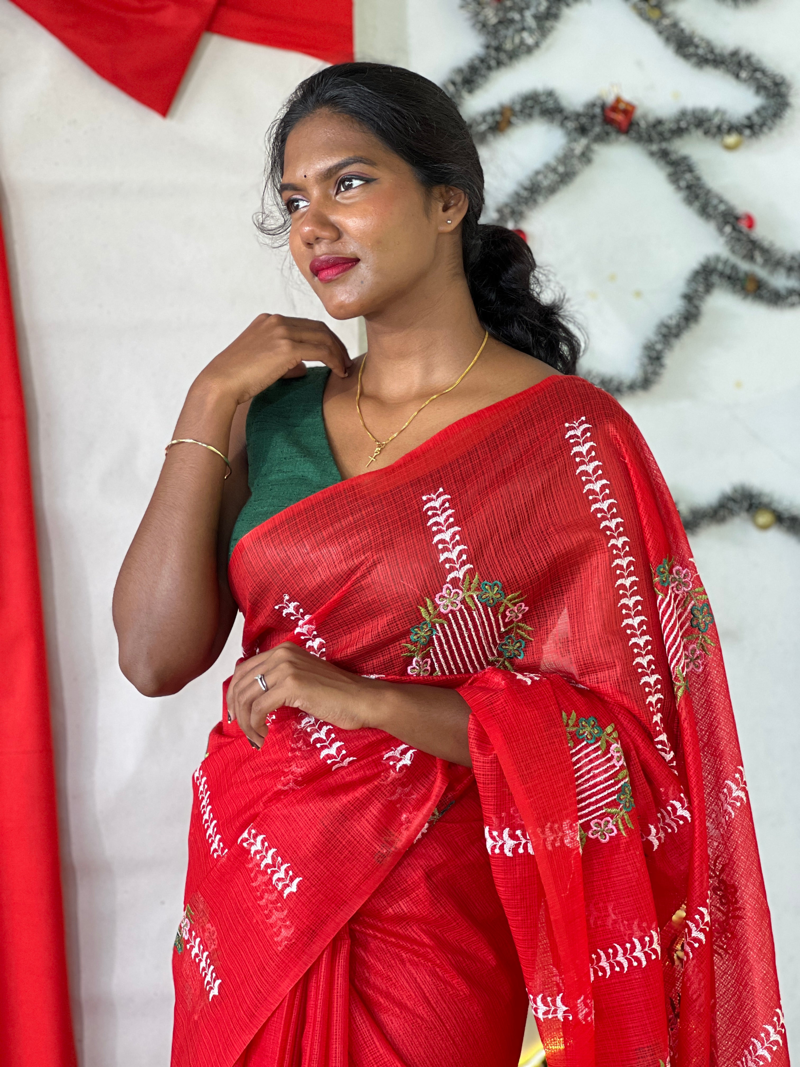 Machine Embroidery Detailed Silky Kota Saree | NHH575