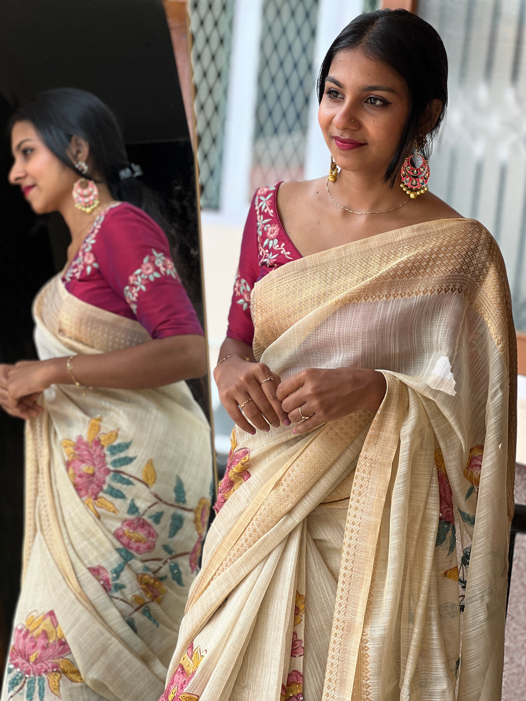 Hand Embroidery Tissue Linen Saree | DVS117