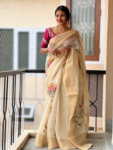 Hand Embroidery Tissue Linen Saree | DVS117