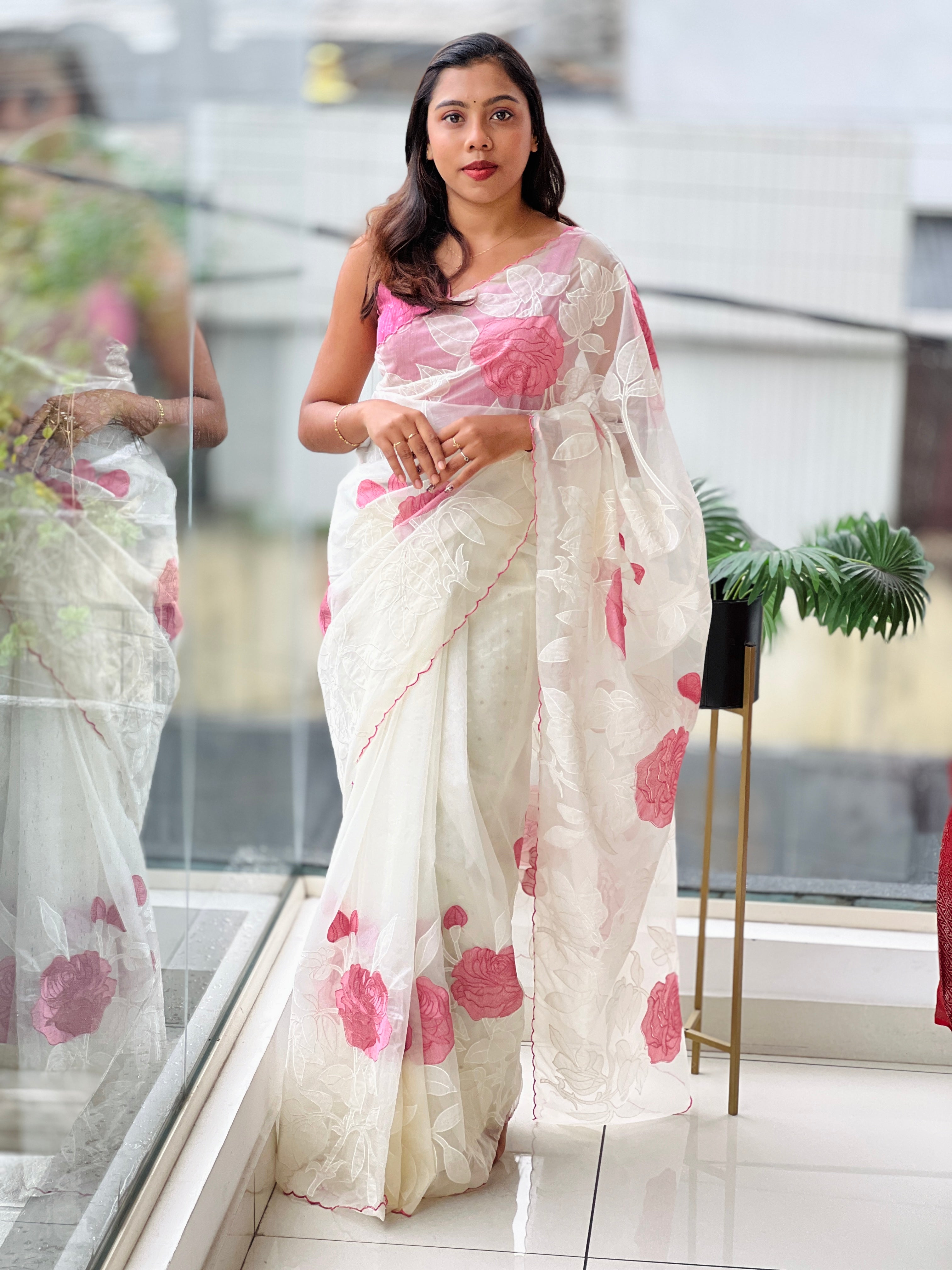 Floral Applique Work Detailed Pure Organza Saree | MM148