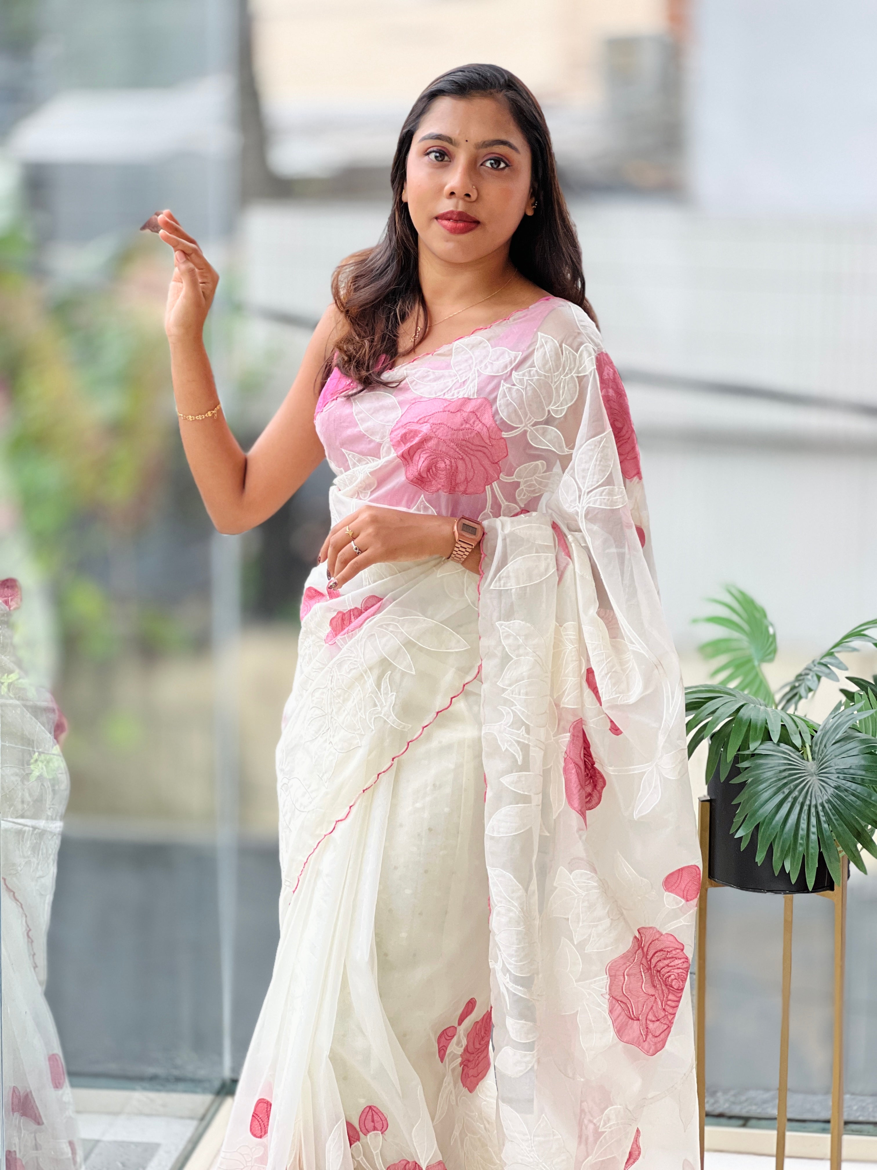 Floral Applique Work Detailed Pure Organza Saree | MM148