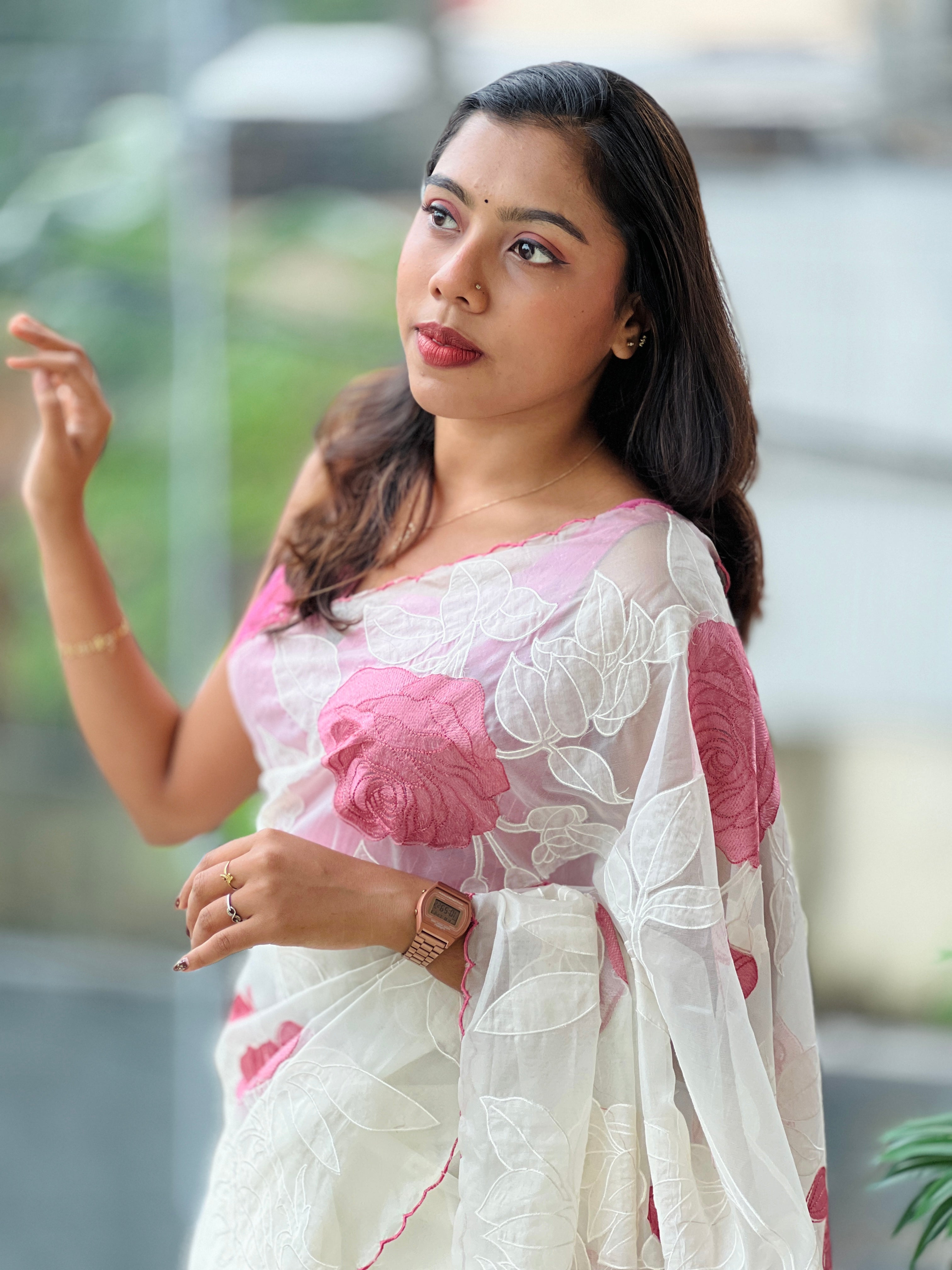 Floral Applique Work Detailed Pure Organza Saree | MM148