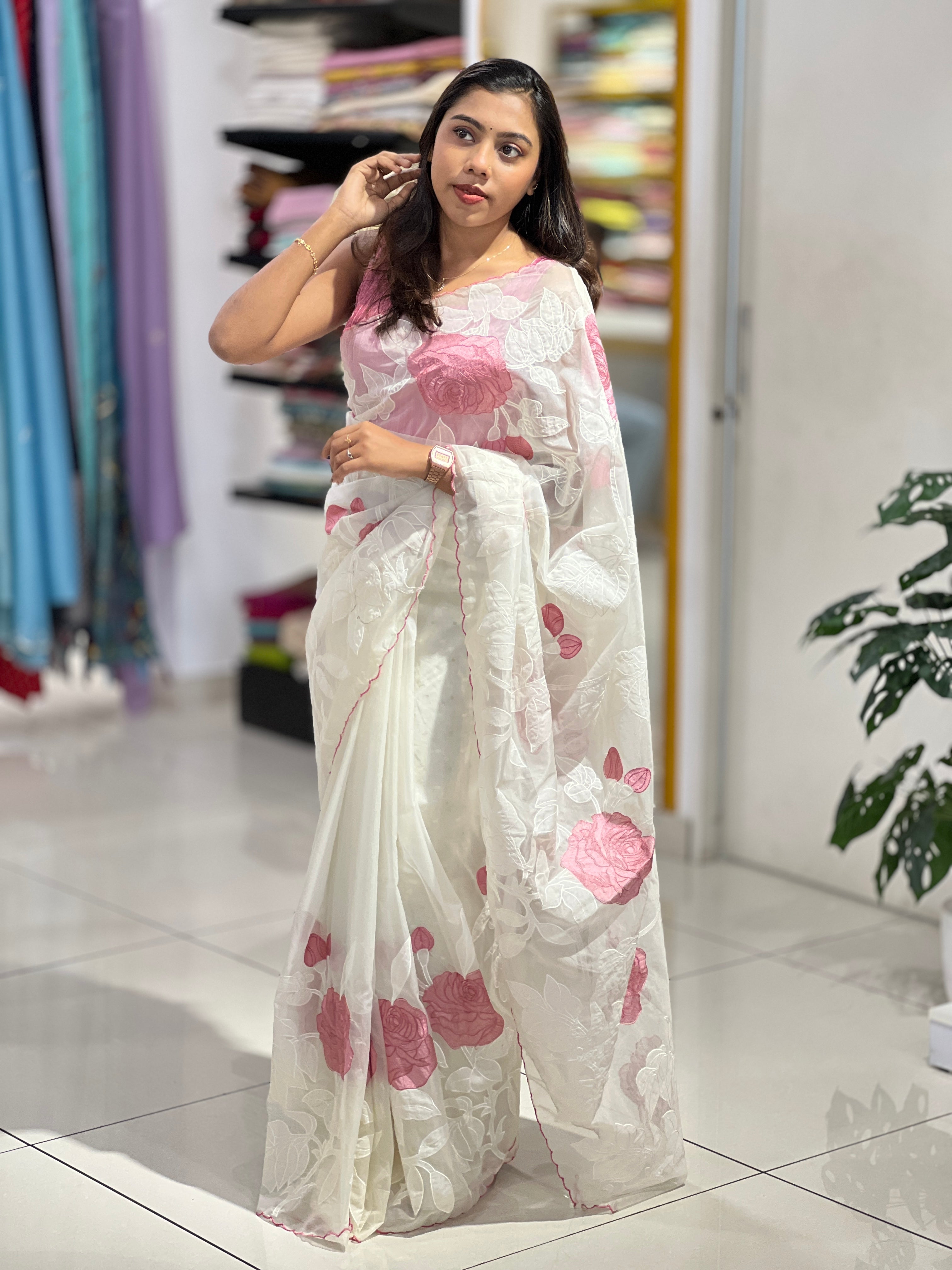 Floral Applique Work Detailed Pure Organza Saree | MM148