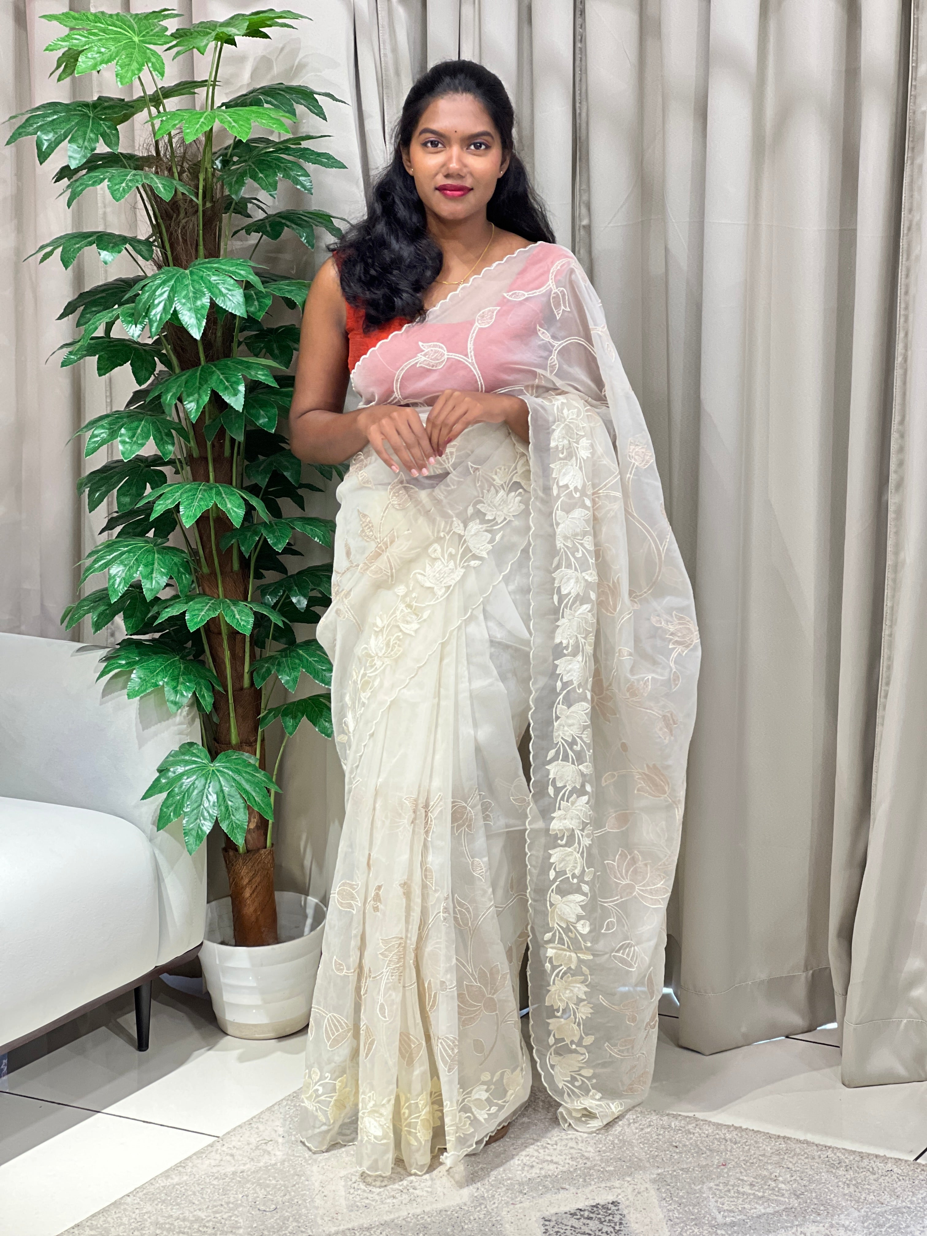 Floral Applique Work Detailed Pure Organza Saree | MM173