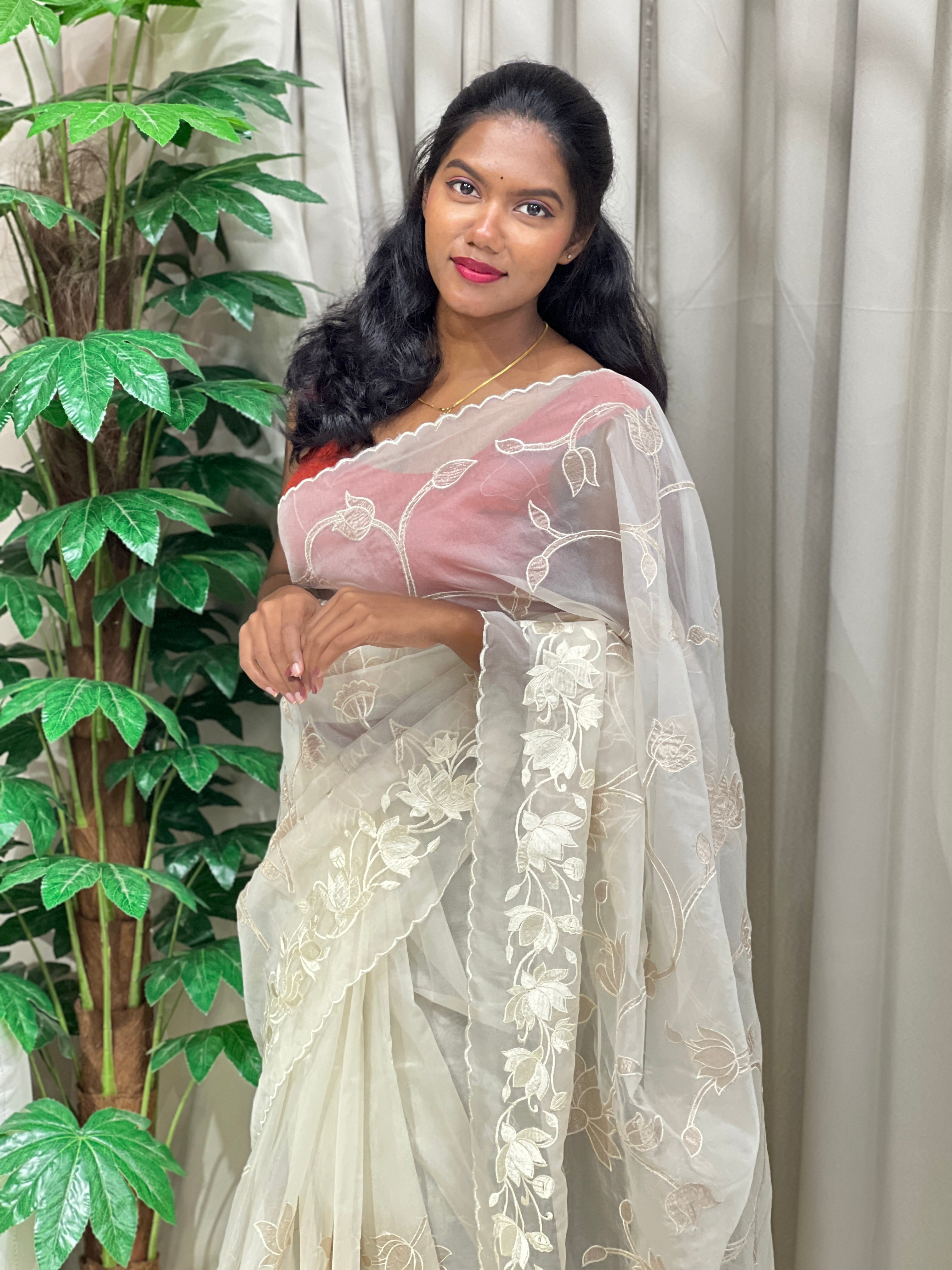 Floral Applique Work Detailed Pure Organza Saree | MM173