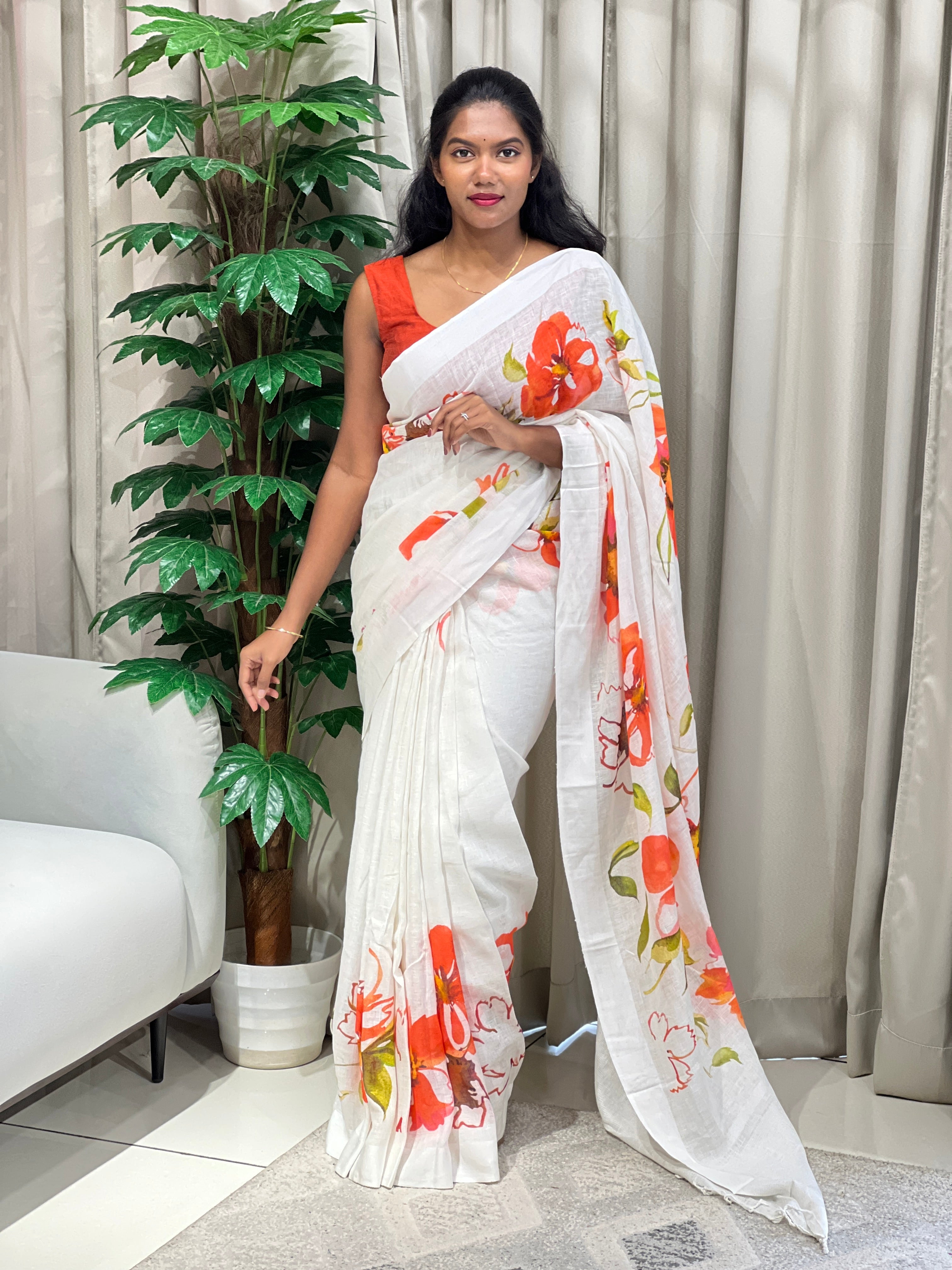 Floral Digital Printed Pure Linen Saree | MR440