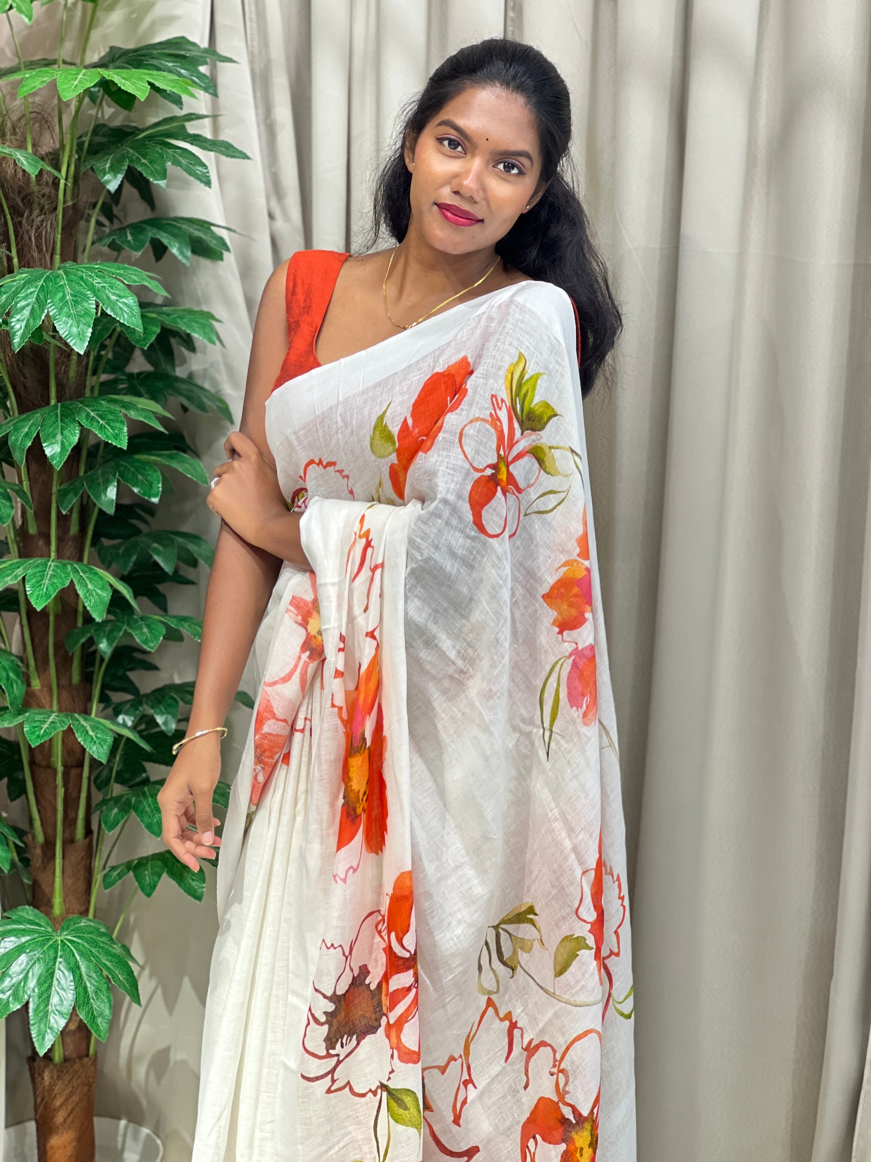 Floral Digital Printed Pure Linen Saree | MR440