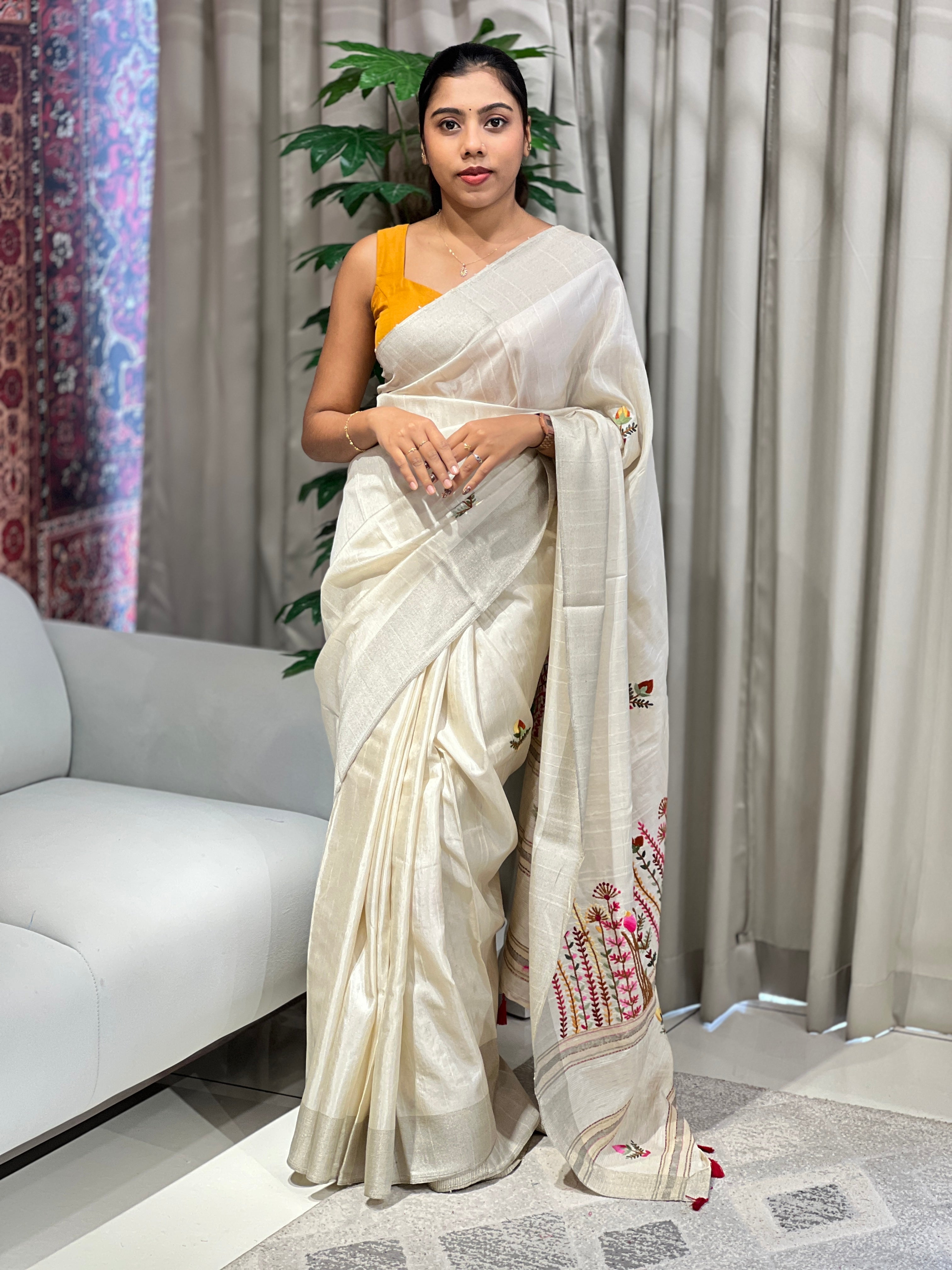 Floral Hand Embroidered Semi Tussar Saree | AYD231