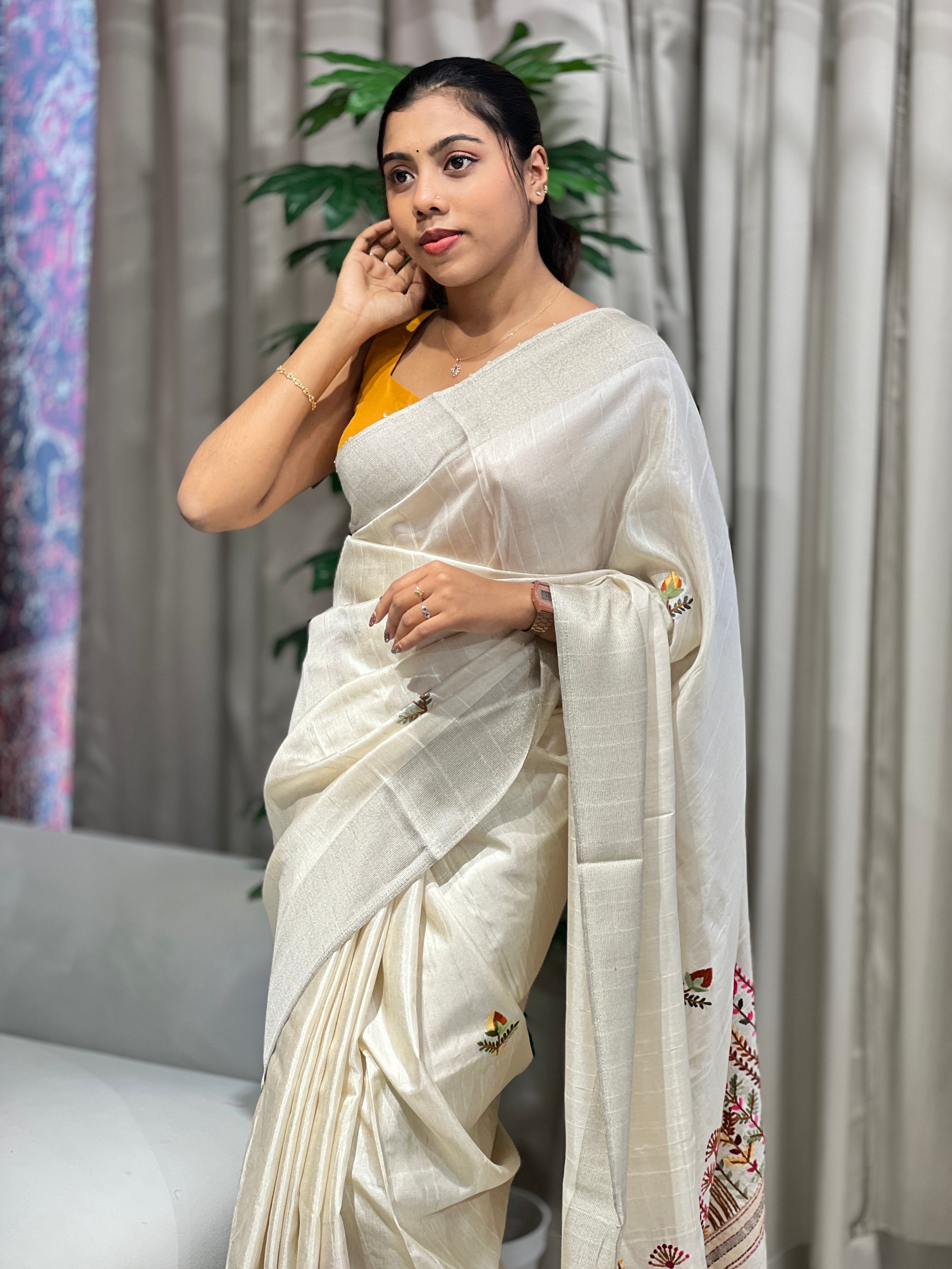 Floral Hand Embroidered Semi Tussar Saree | AYD231
