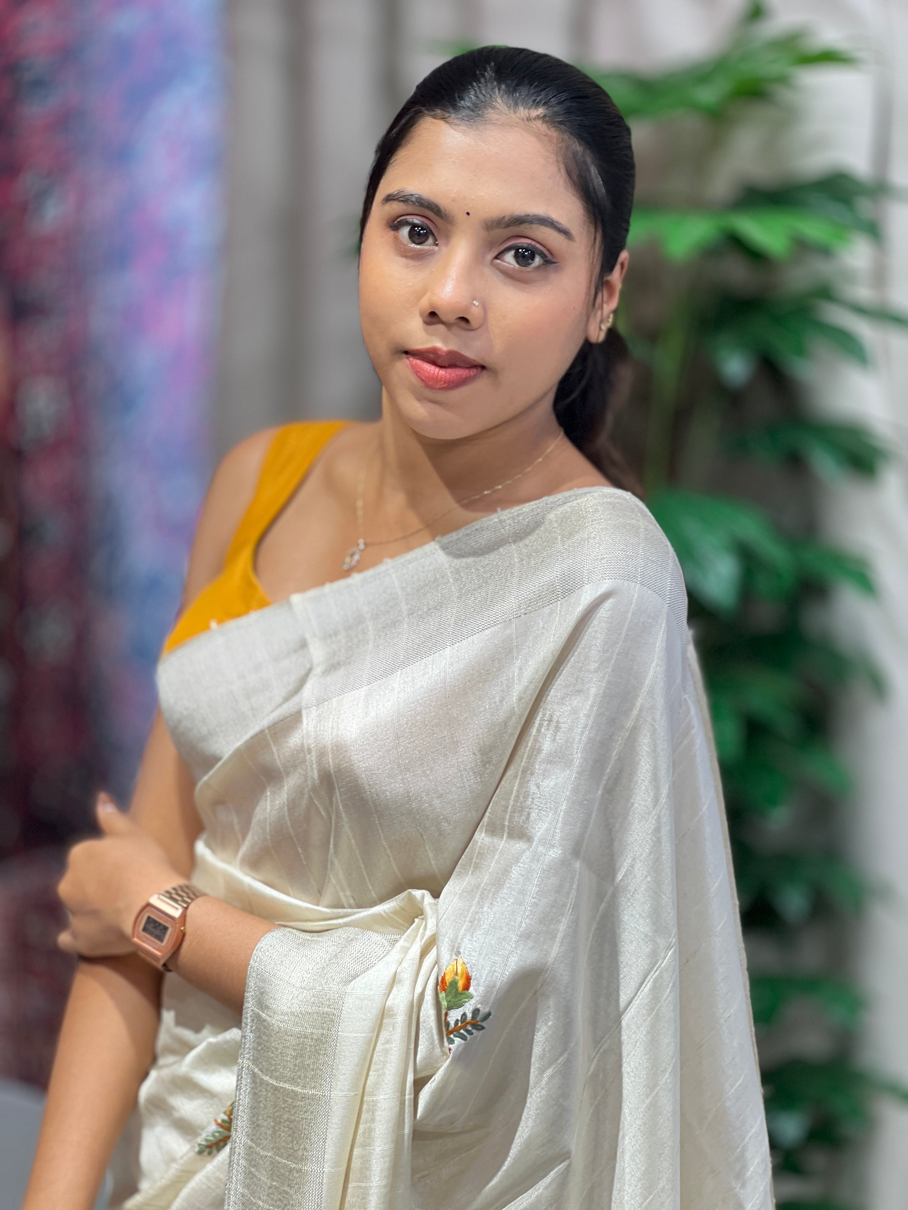 Floral Hand Embroidered Semi Tussar Saree | AYD231