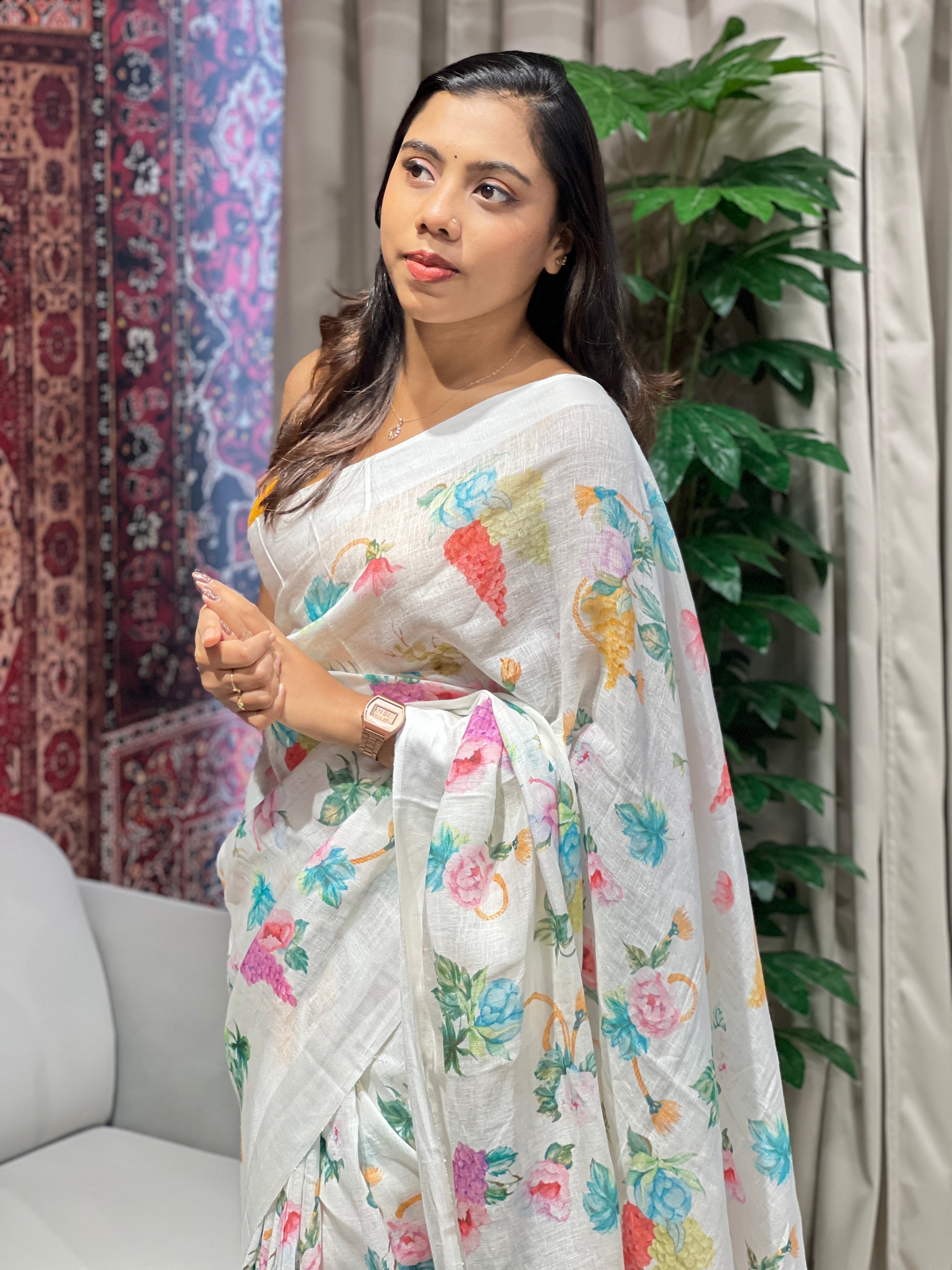 Floral Digital Printed Pure Linen Saree | MR437