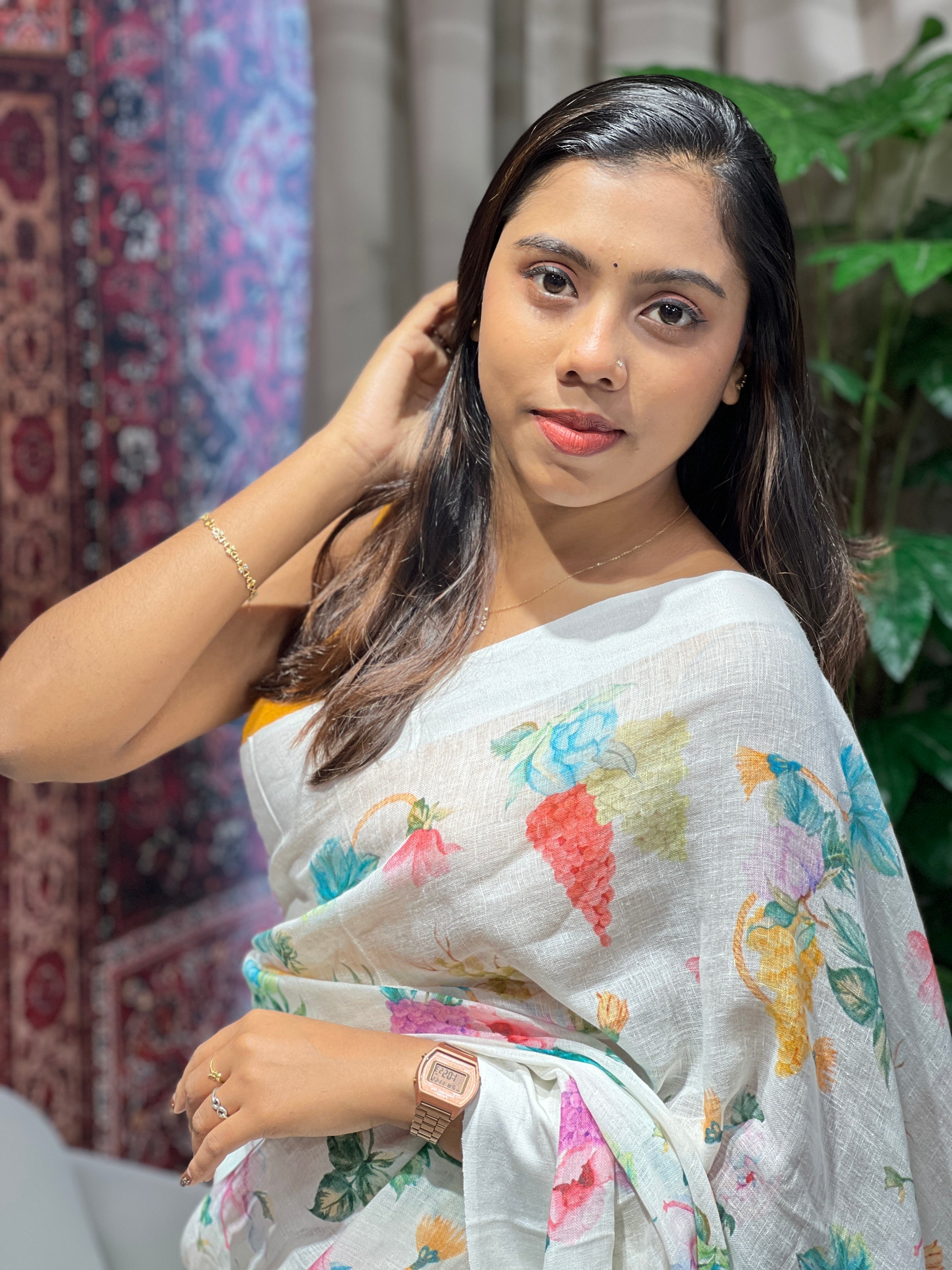 Floral Digital Printed Pure Linen Saree | MR437