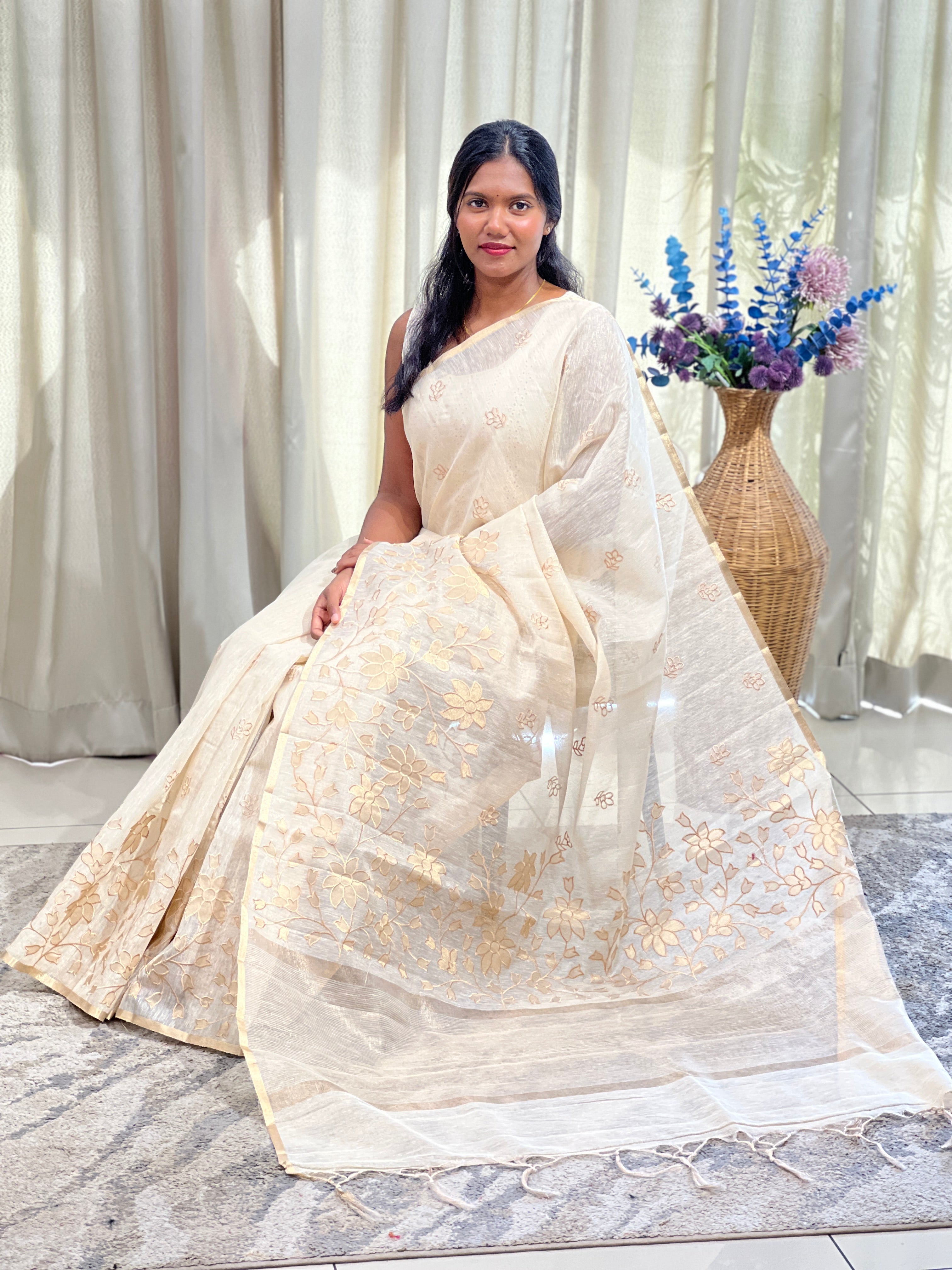 Floral Embroidery Semi Tussar Saree | ZSS514