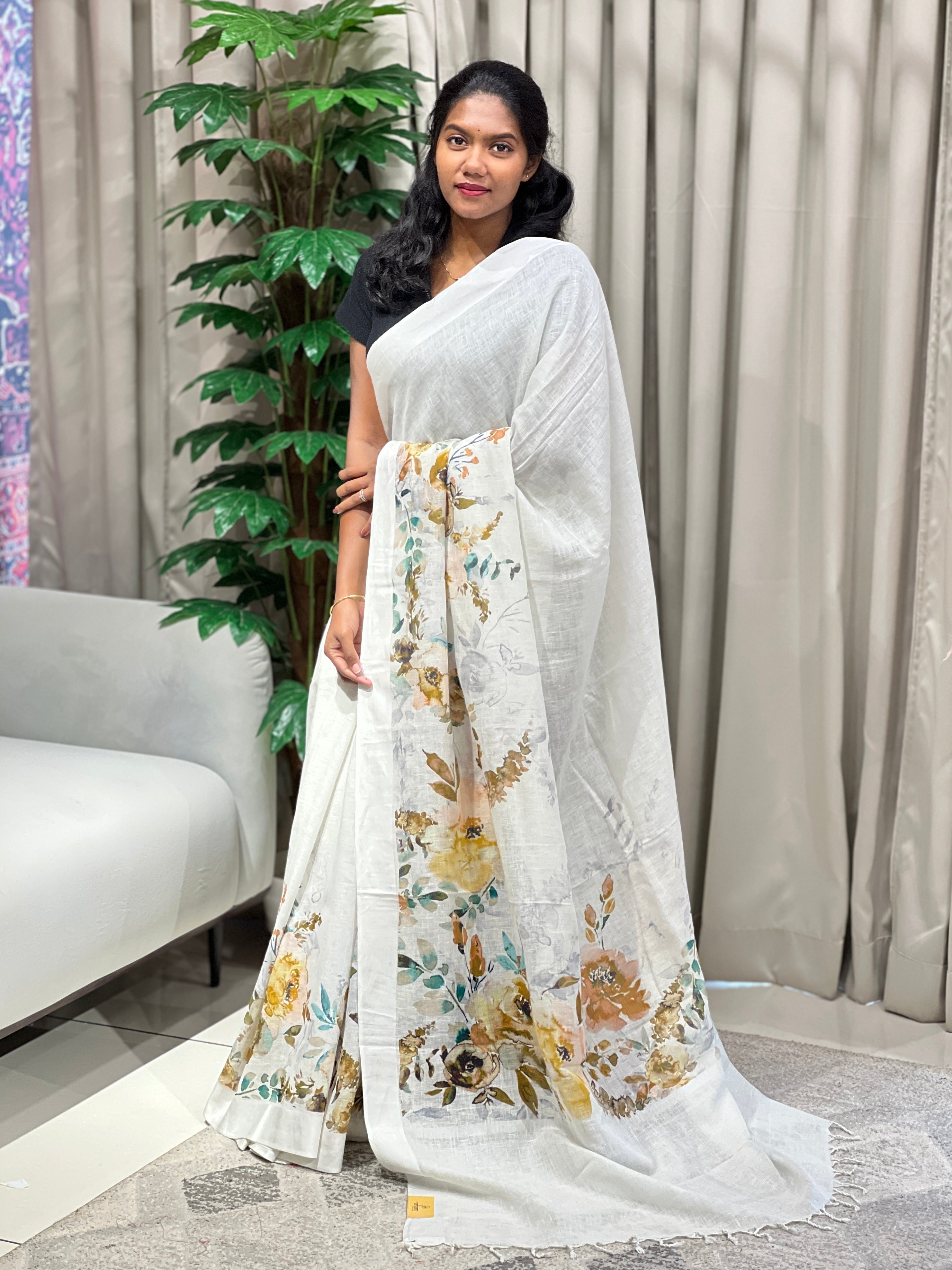 Floral Digital Printed Pure Linen Saree | MR439