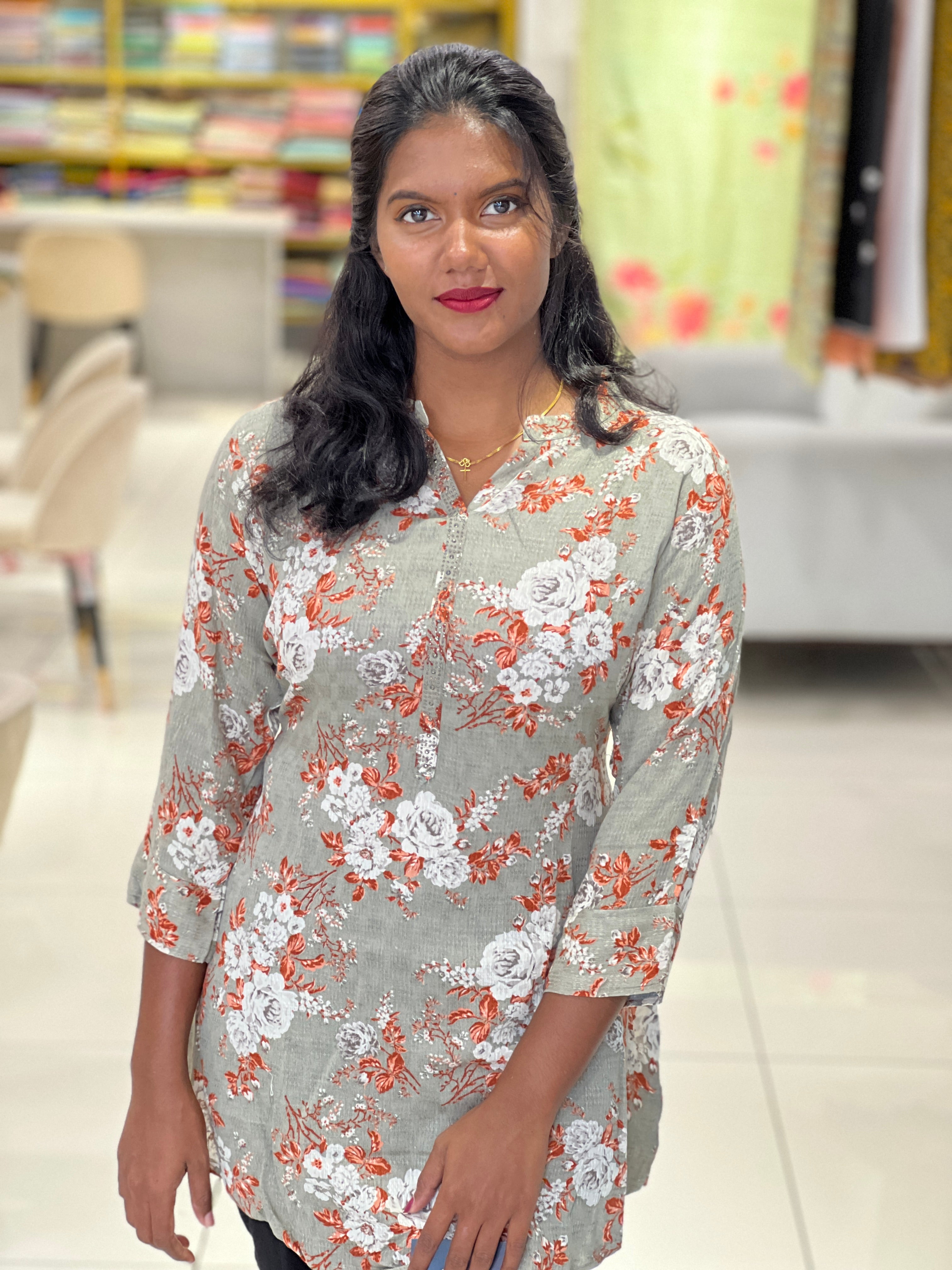 Floral Printed Muslin Finish Short Kurta | NIO125
