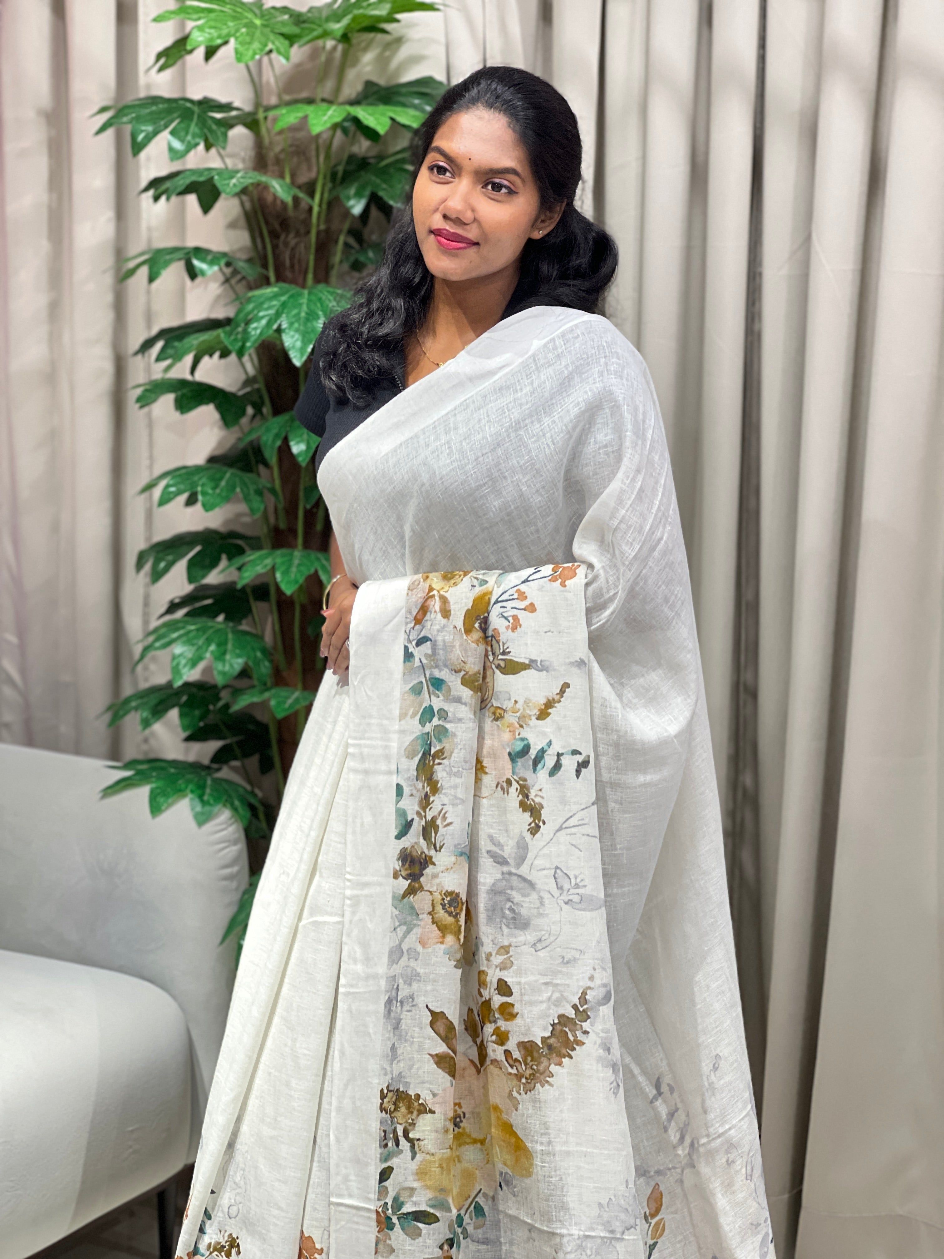 Floral Digital Printed Pure Linen Saree | MR439