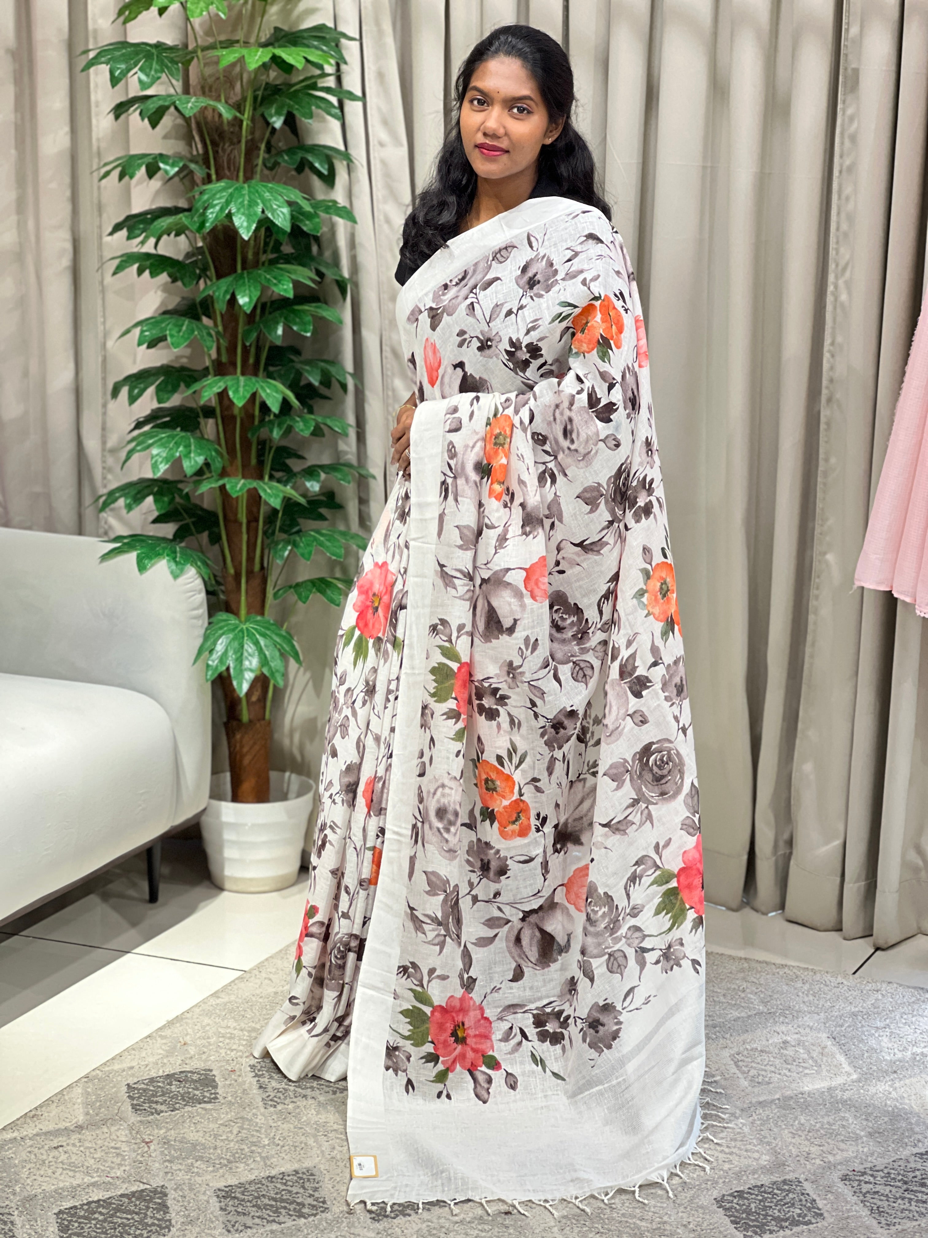 Floral Digital Printed Pure Linen Saree | MR436
