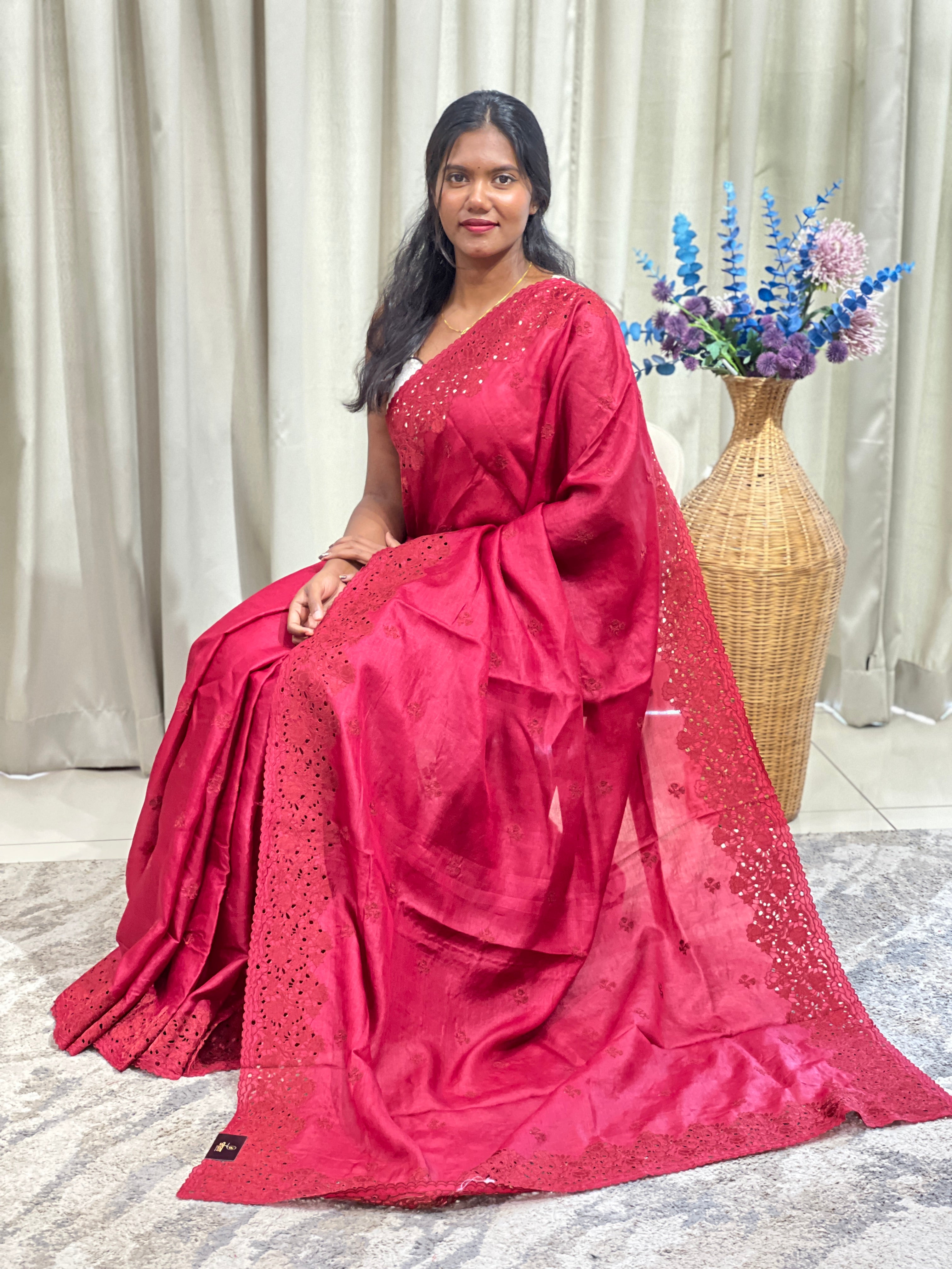 Embroidered Cut Work Tussar Saree | GA177