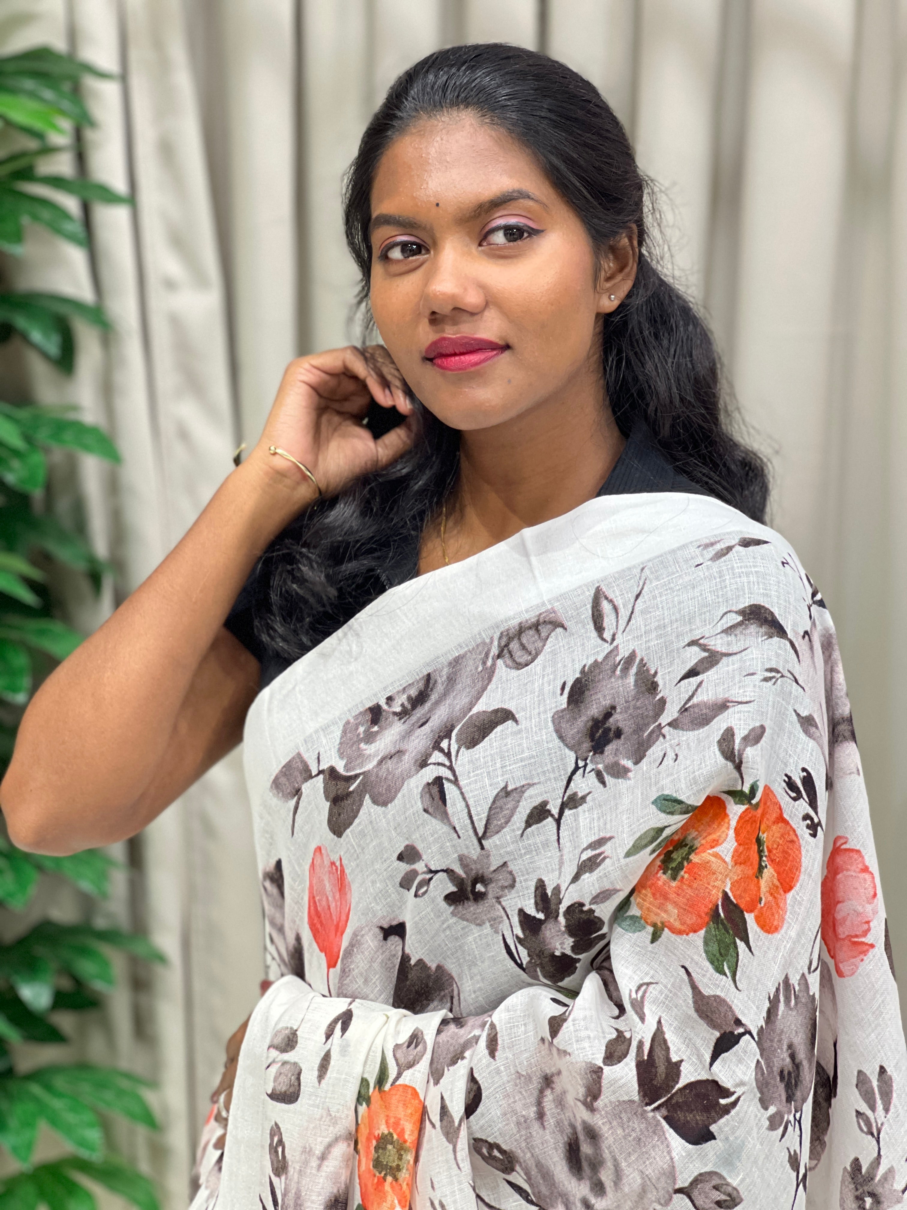 Floral Digital Printed Pure Linen Saree | MR436