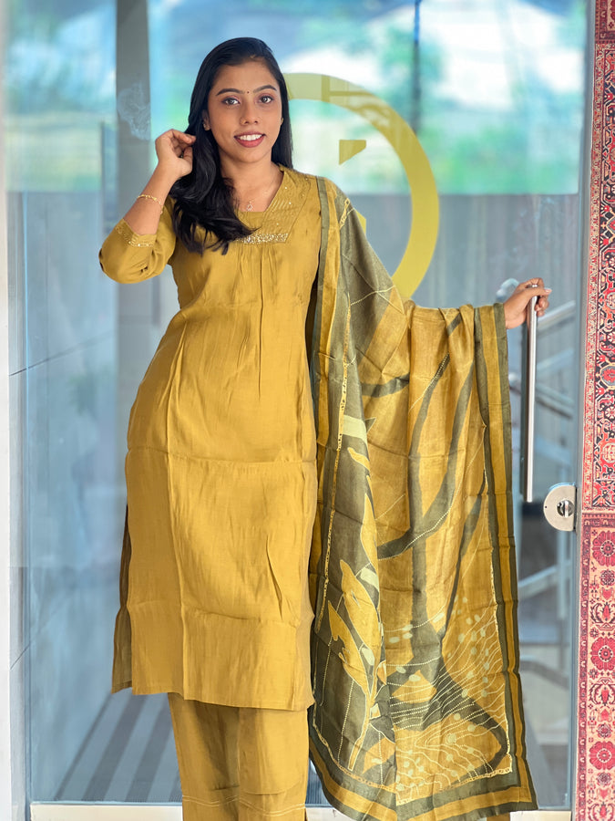 Embroidery Chanderi Finish Kurta Set  | DIL153