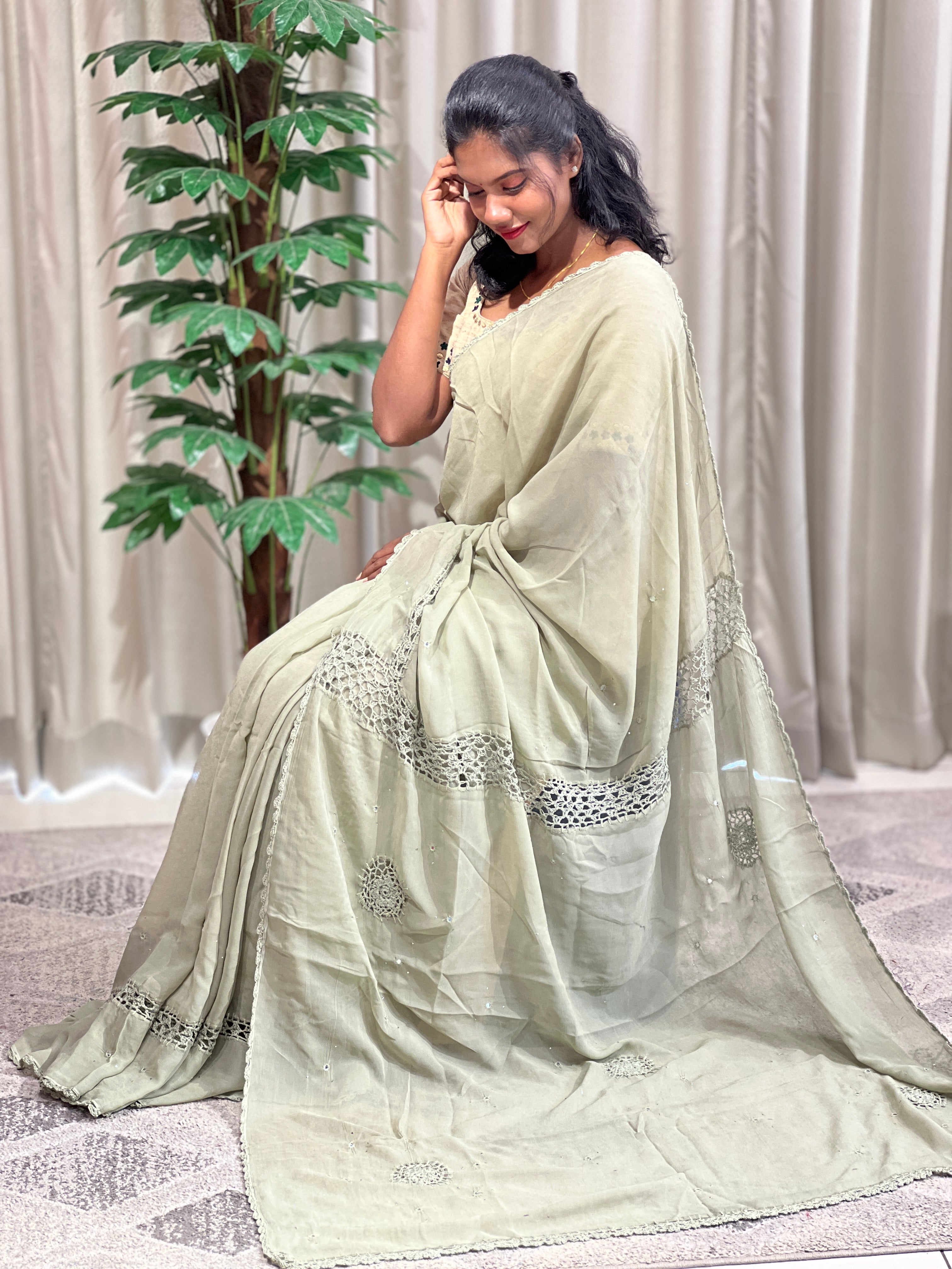 Crochet Lace Detailed Pattern Georgette Saree | SF1147
