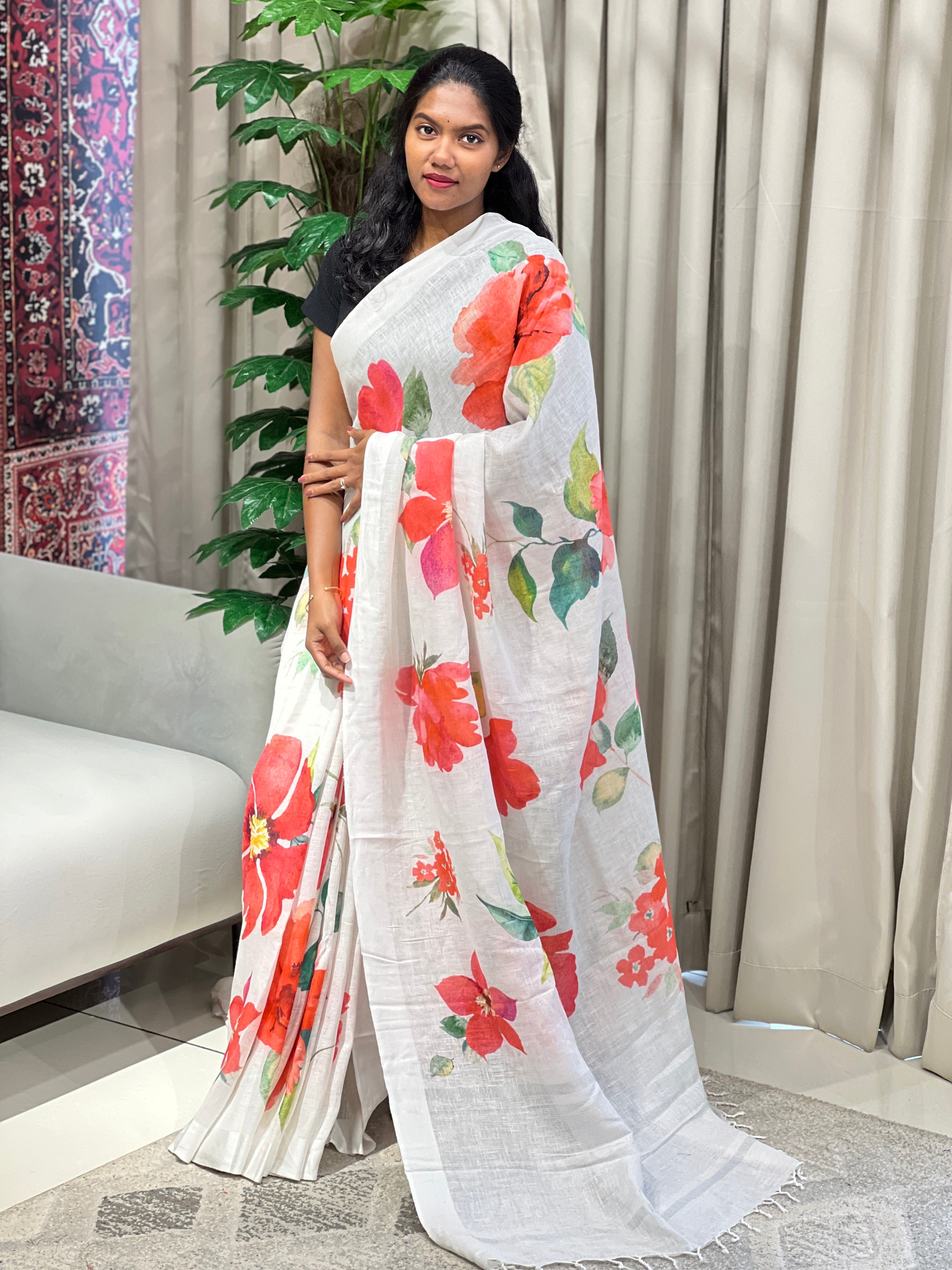 Floral Digital Printed Pure Linen Saree | MR434