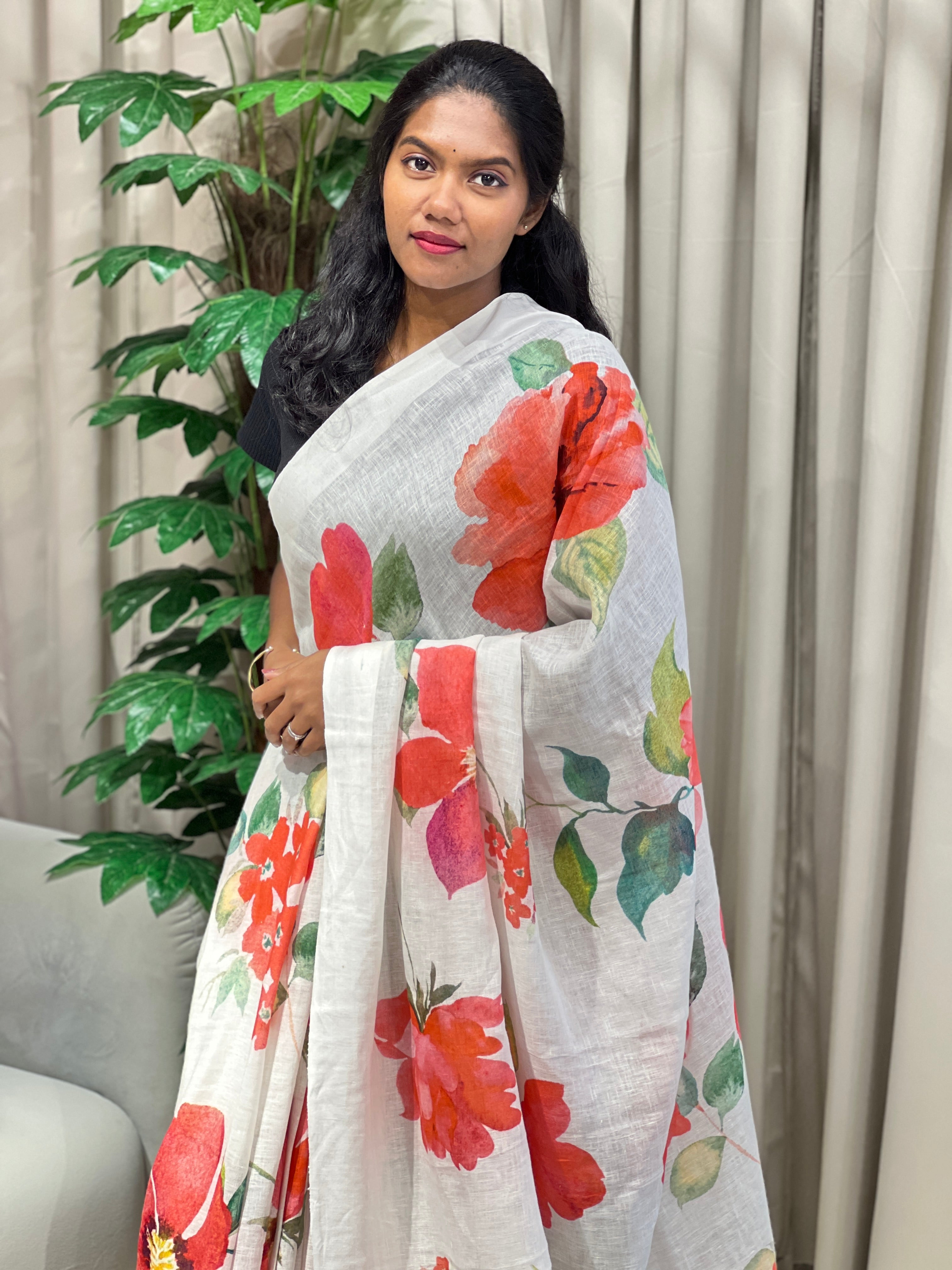 Floral Digital Printed Pure Linen Saree | MR434
