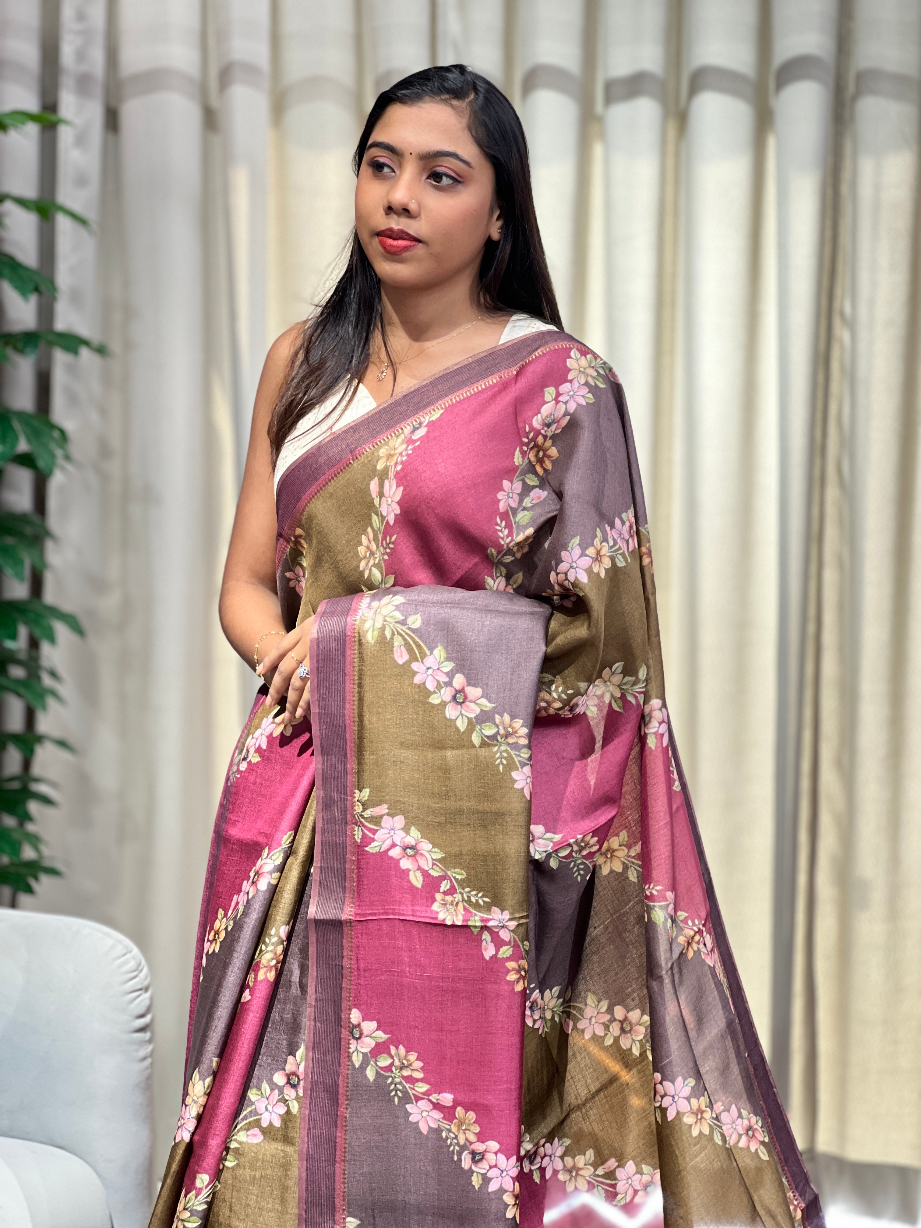 Floral Digital Printed Pure Tussar Saree | RGD749