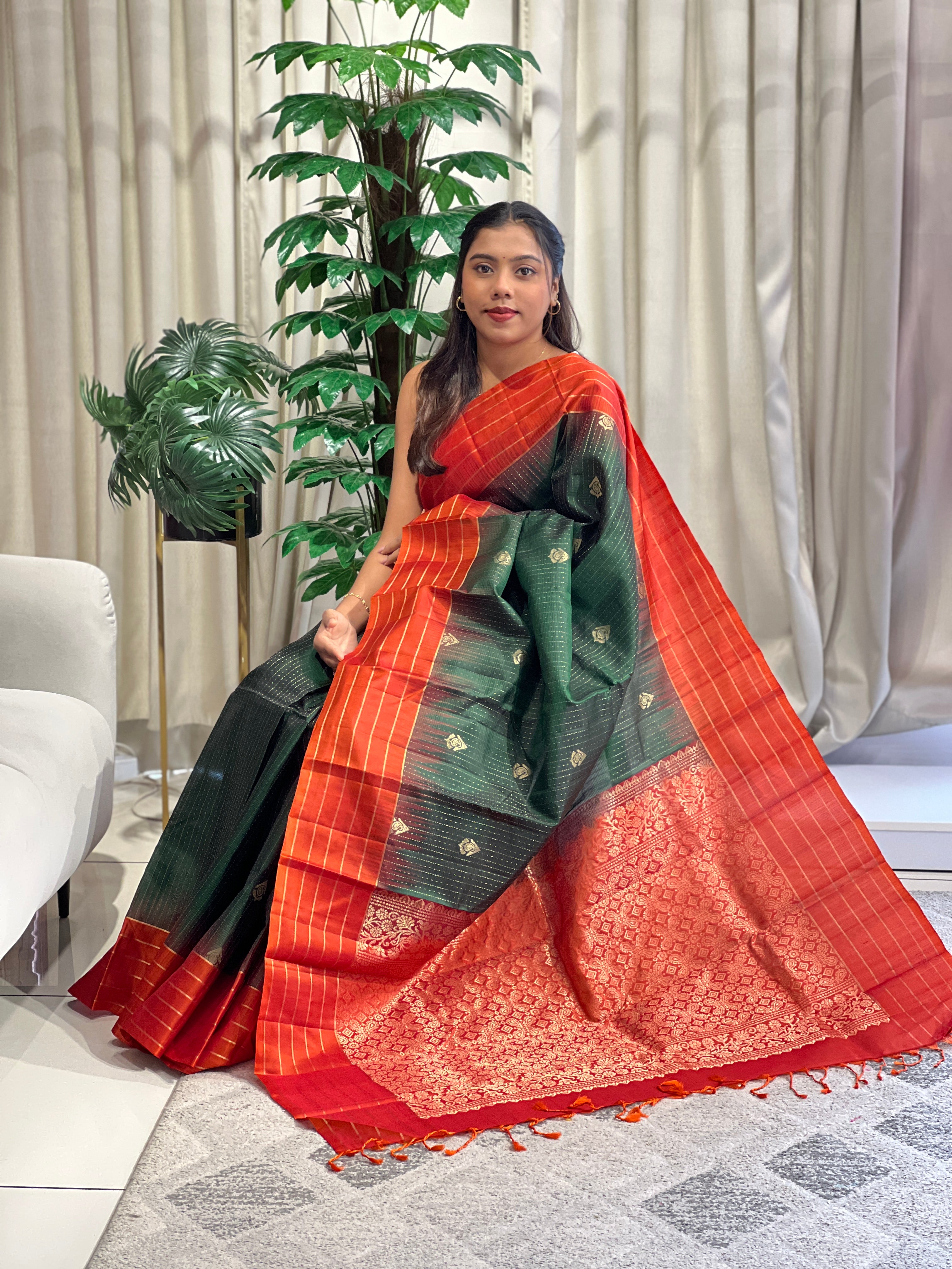 Stripe Pattern Golden Zari Woven Soft Silk Saree | SMT187