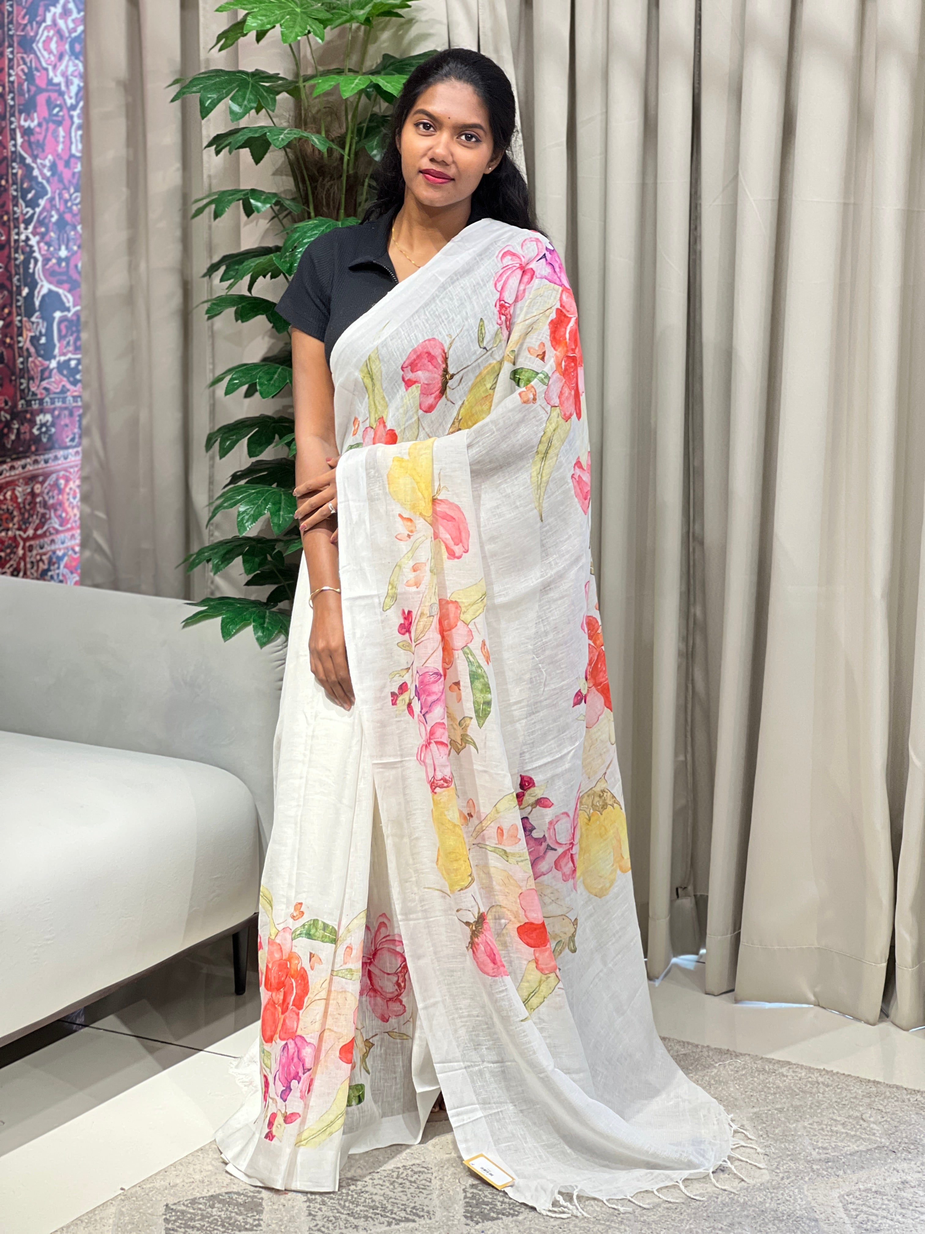 Floral Digital Printed Pure Linen Saree | MR431