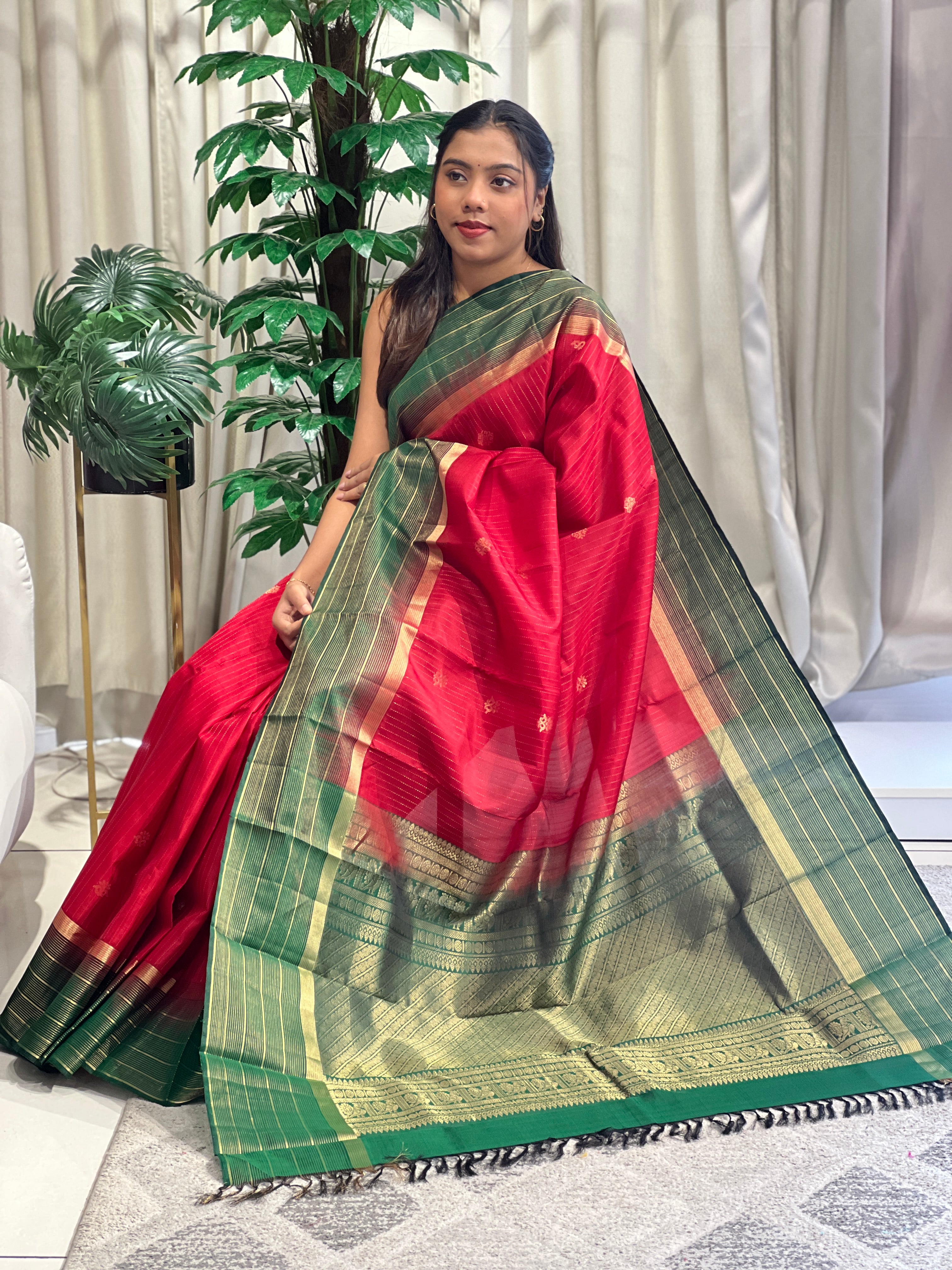 Stripe Pattern Golden Zari Woven Soft Silk Saree | SMT180
