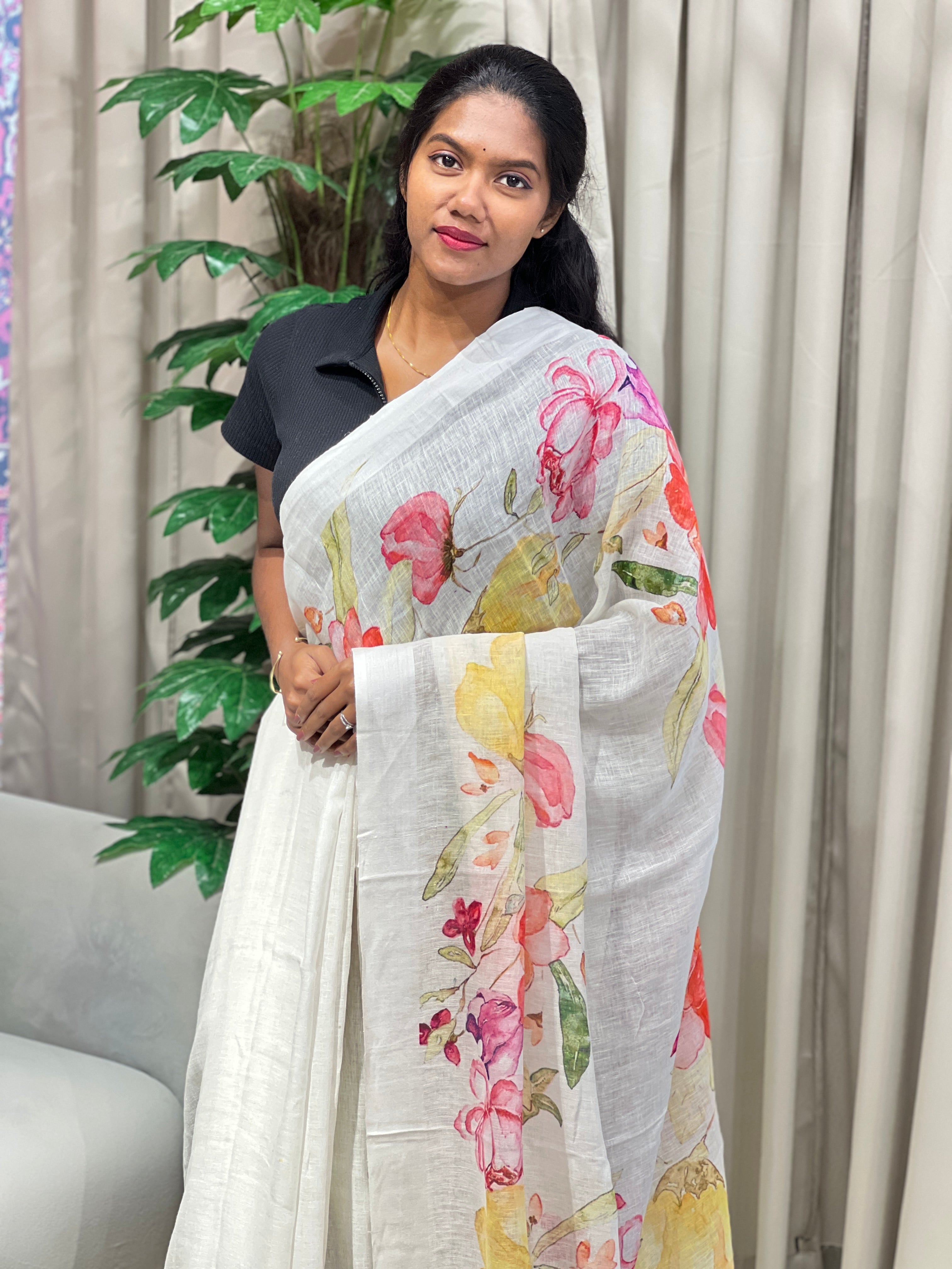 Floral Digital Printed Pure Linen Saree | MR431