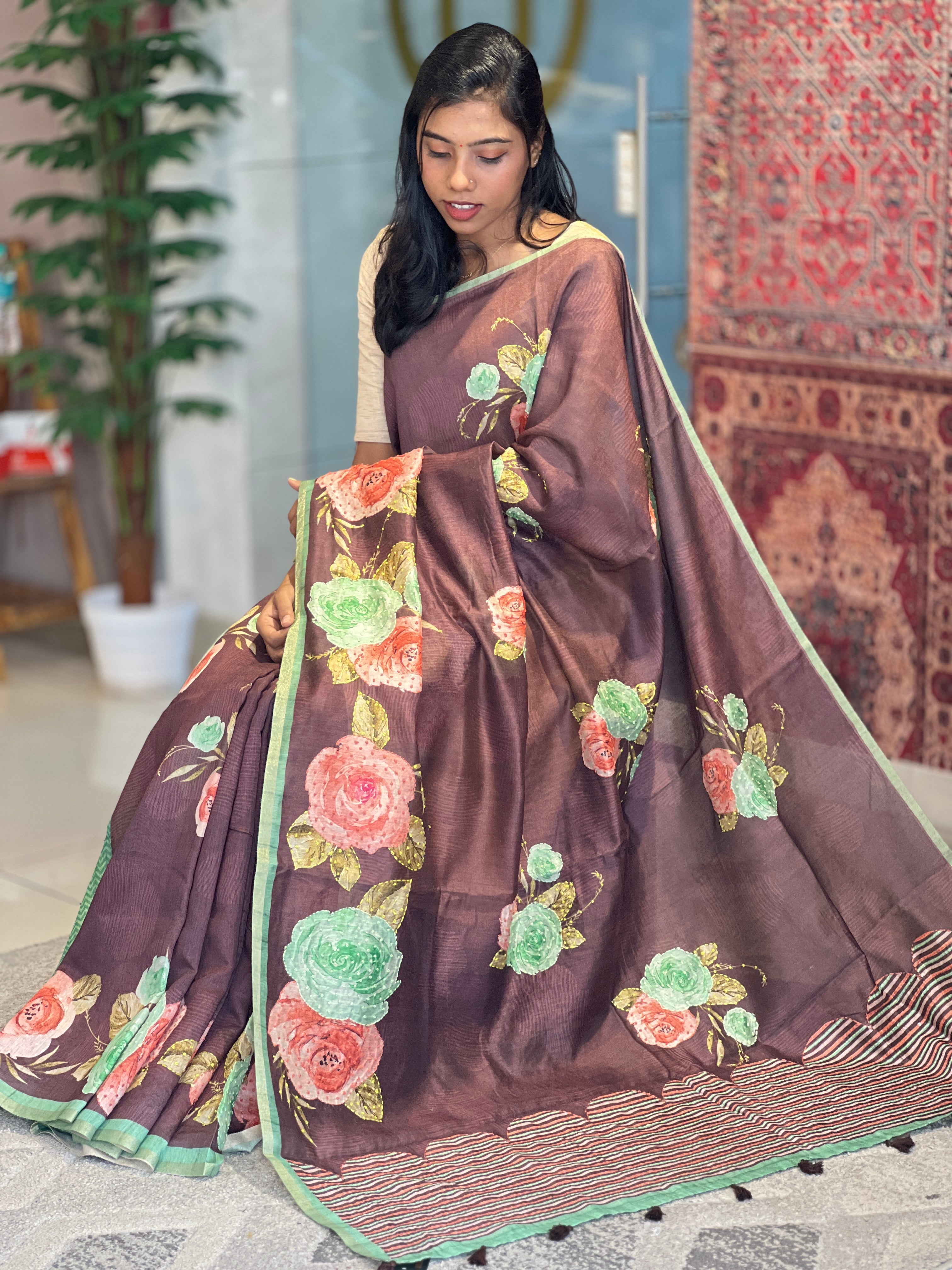 Floral Printed Pattern Chanderi Finish Saree | DVS148