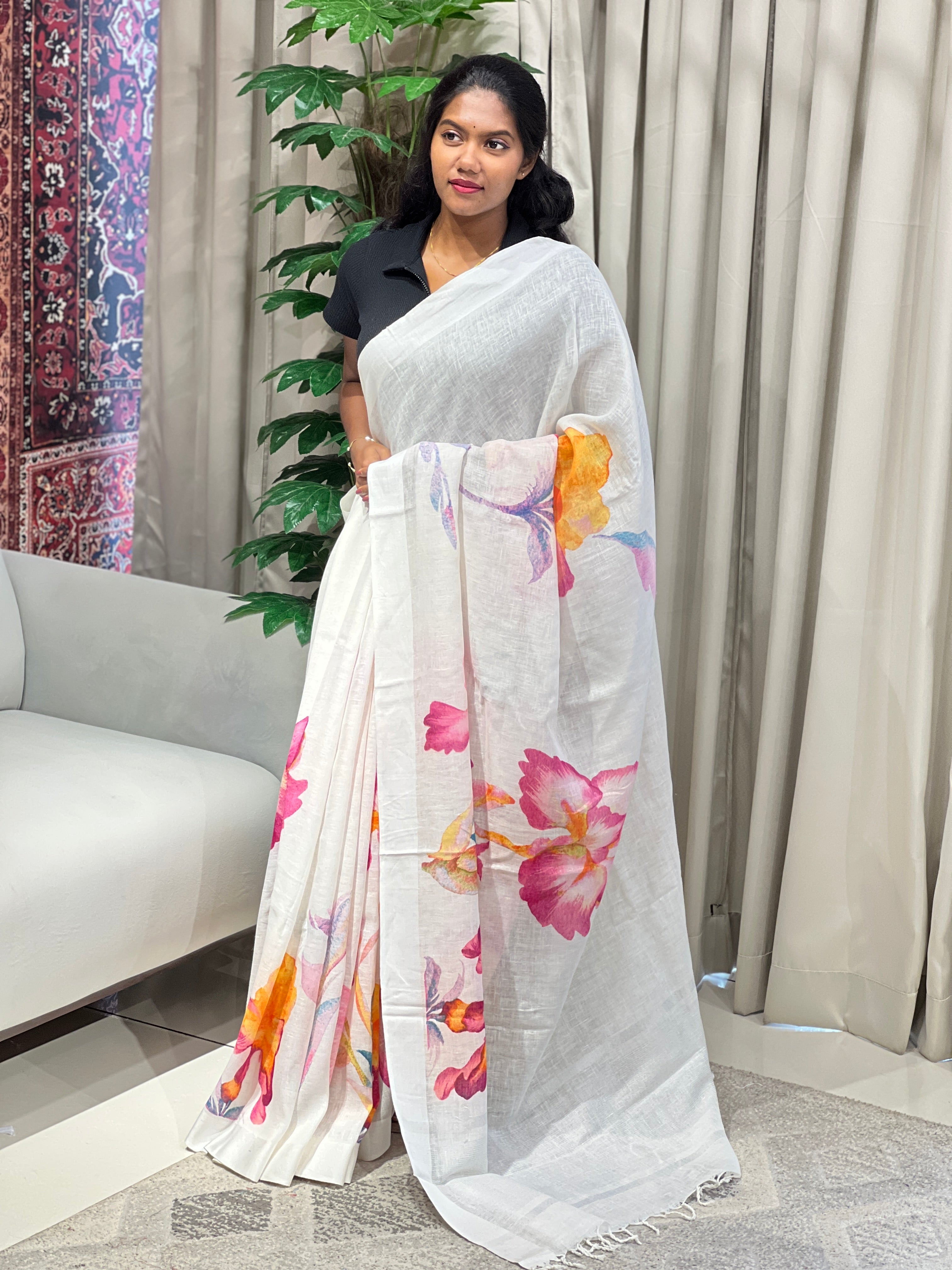 Floral Digital Printed Pure Linen Saree | MR433