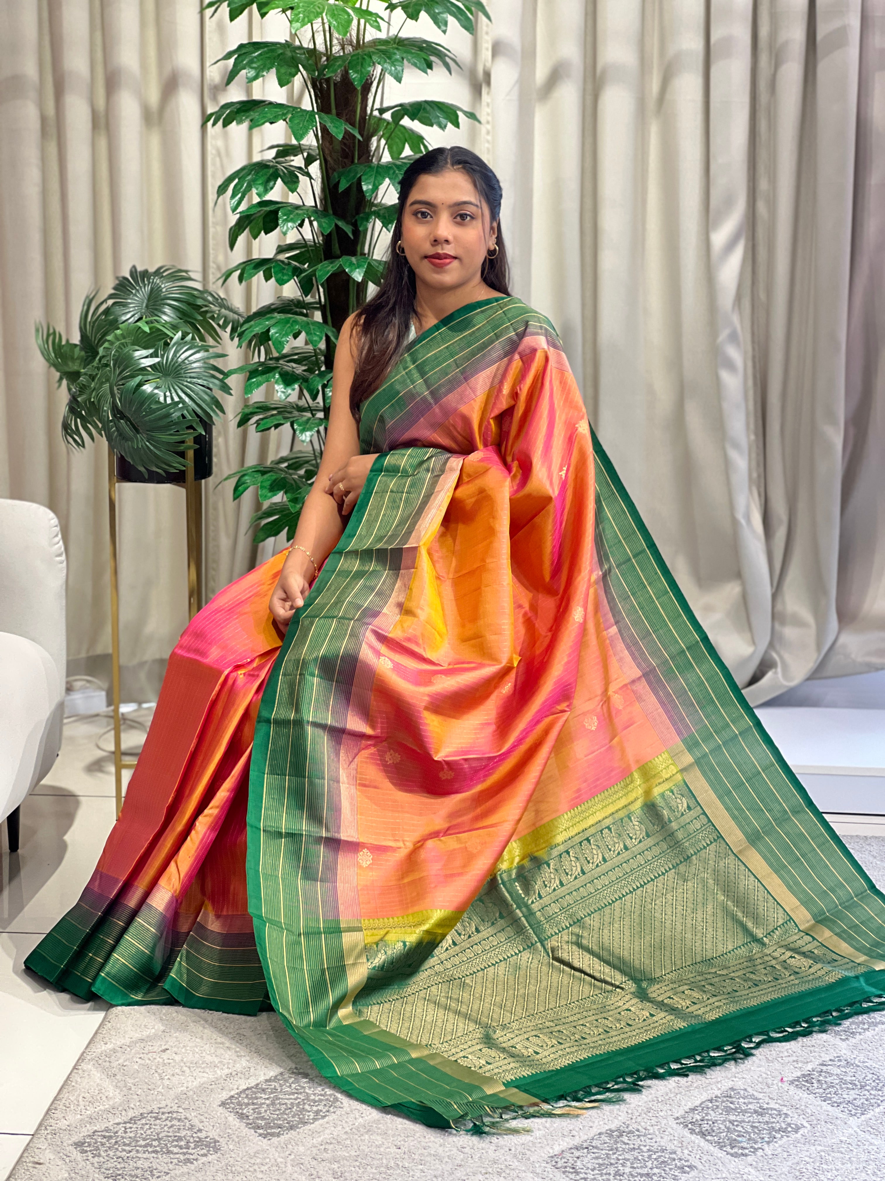 Stripe Pattern Golden Zari Woven Soft Silk Saree | SMT182
