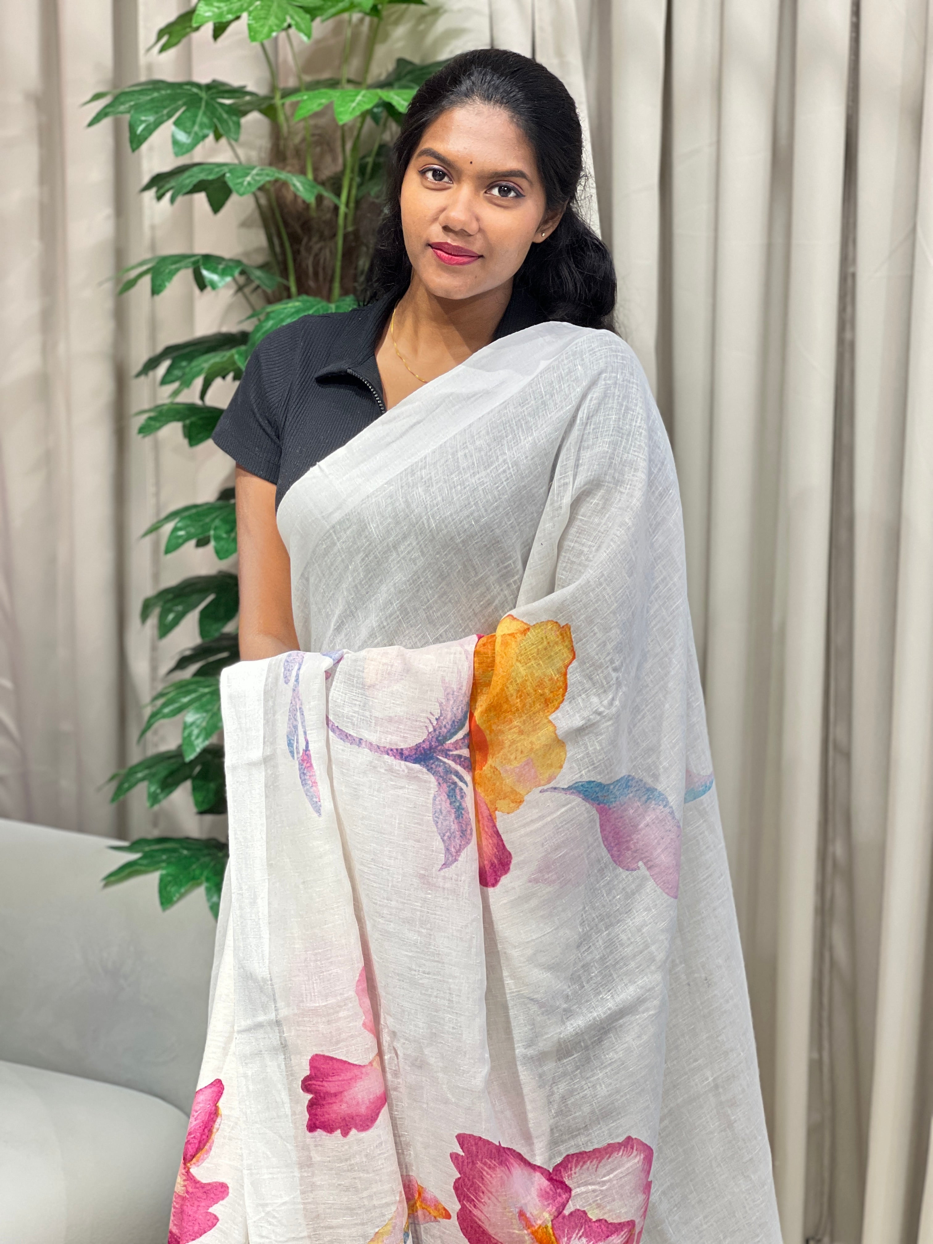 Floral Digital Printed Pure Linen Saree | MR433