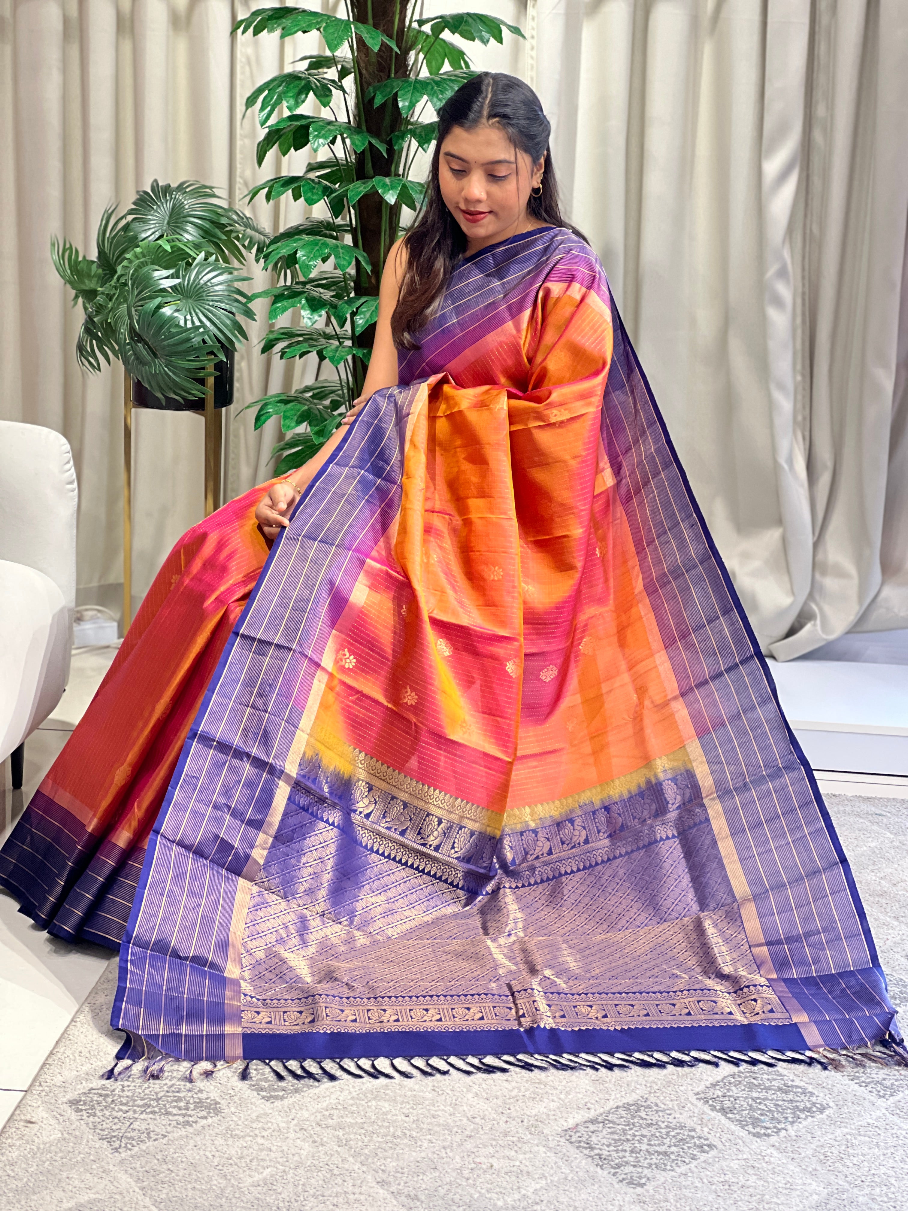 Stripe Pattern Golden Zari Woven Soft Silk Saree | SMT183