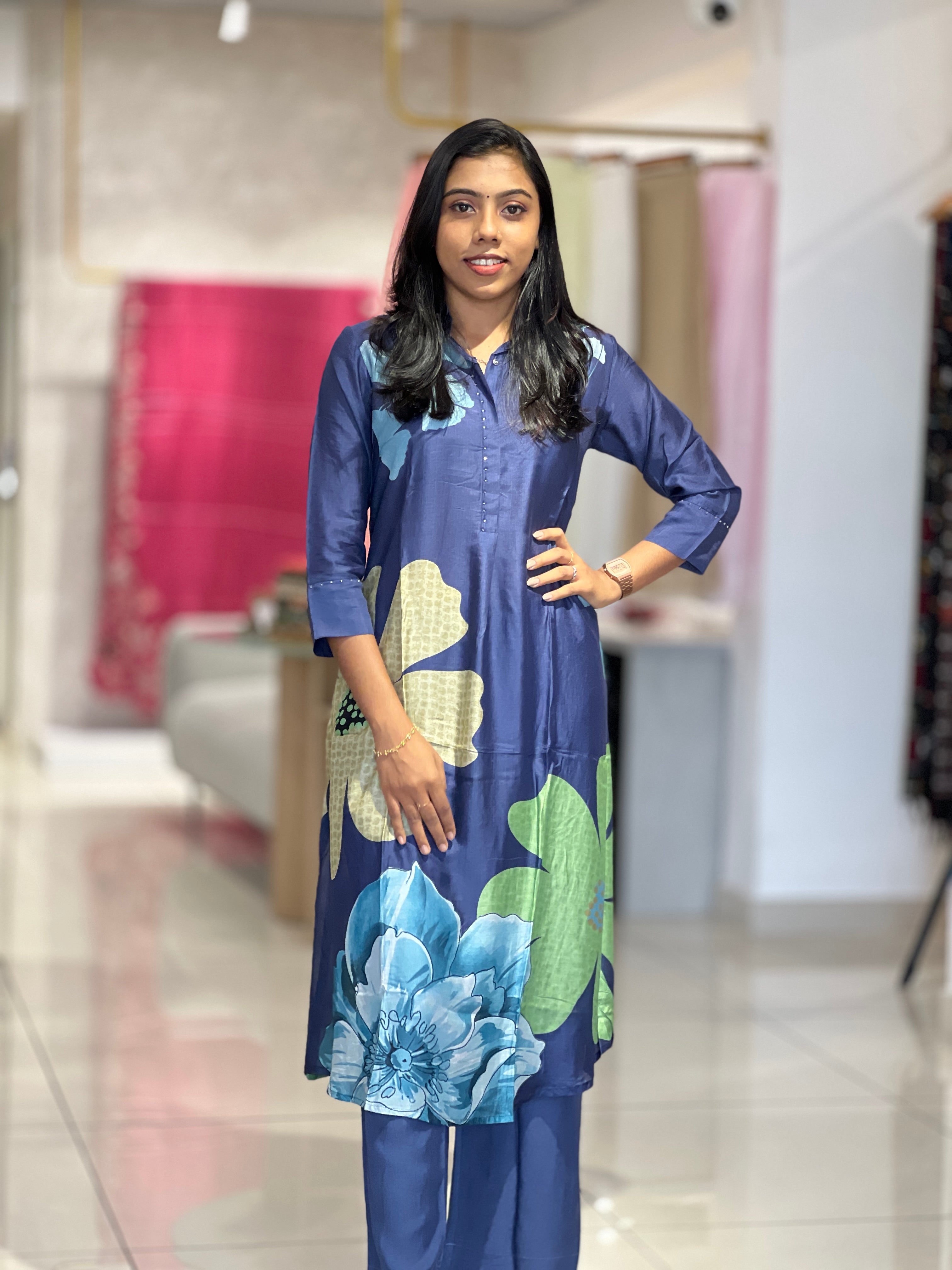Floral Printed Chanderi Finish Kurta Set | DIL146
