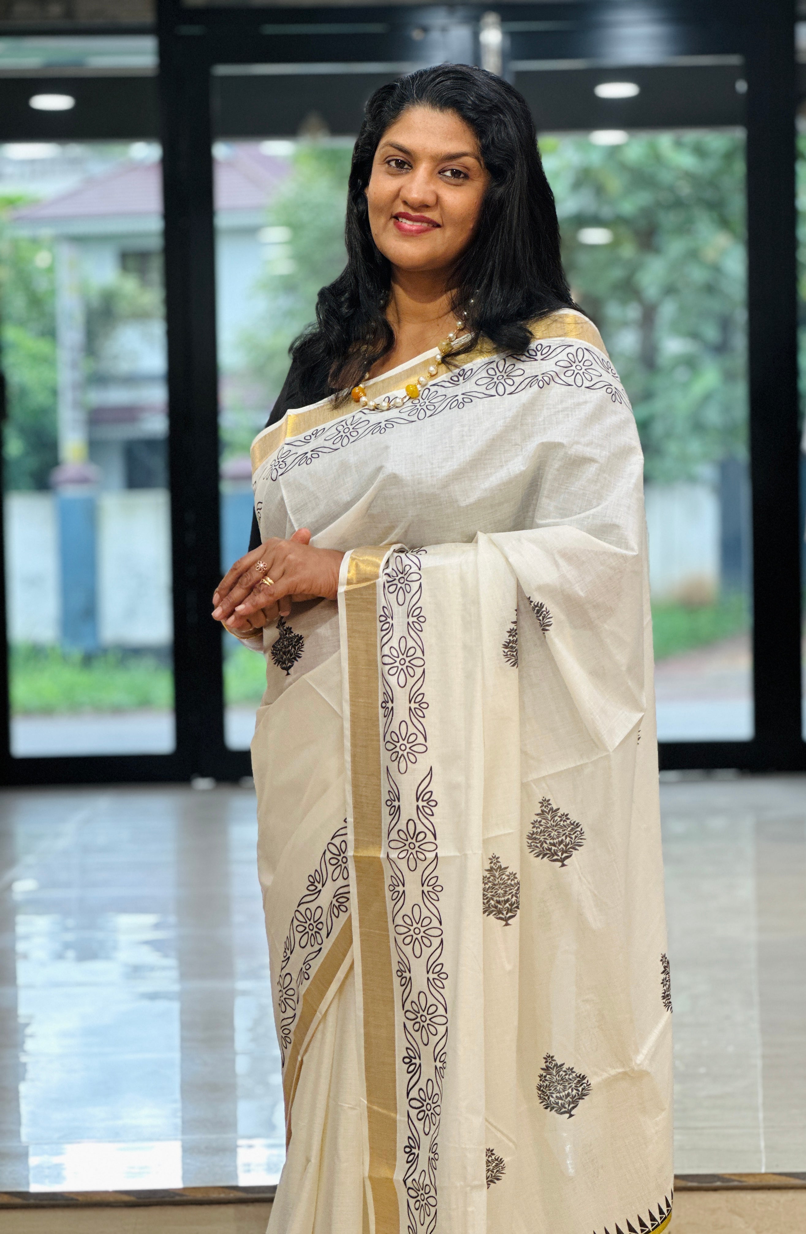 Screen Print Detailing Kerala Cotton Saree | RLF158