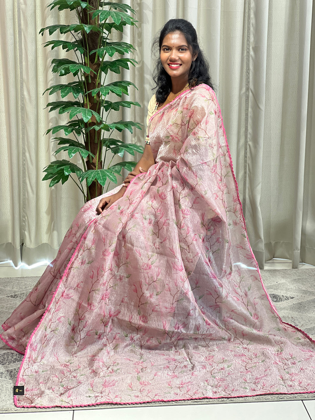 Floral Digital Printed Crushed Tissue Organza Saree | ZAH114
