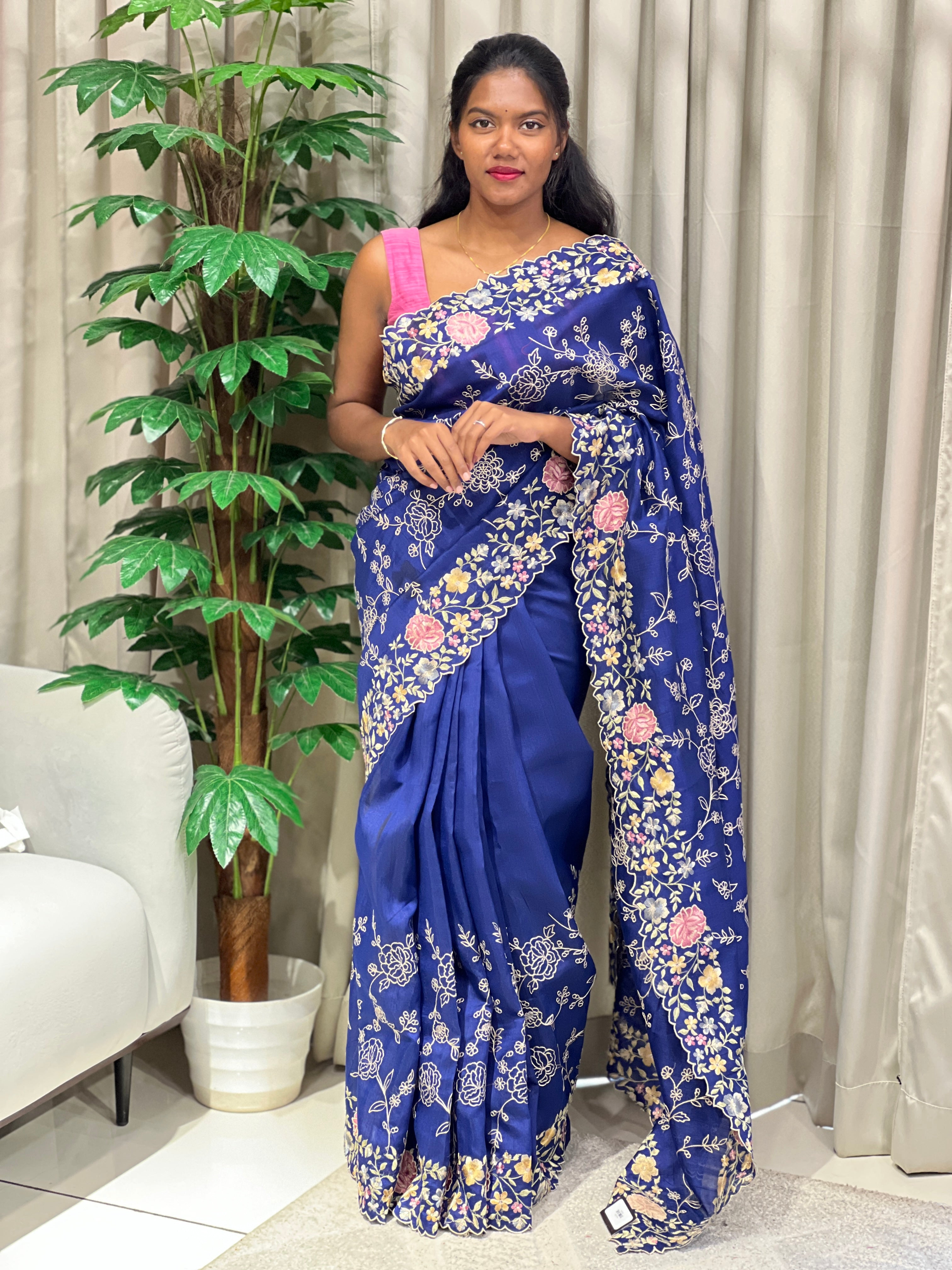 Floral Machine Embroidery Detailed Semi Tussar Saree | DVS204