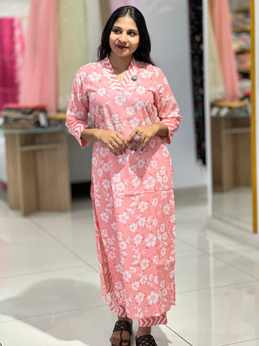 Floral Printed Cotton Kurta Top & Bottom | DIL124