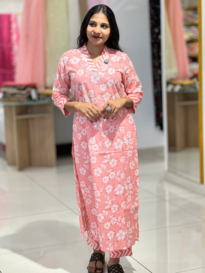 Floral Printed Cotton Kurta Top & Bottom | DIL124