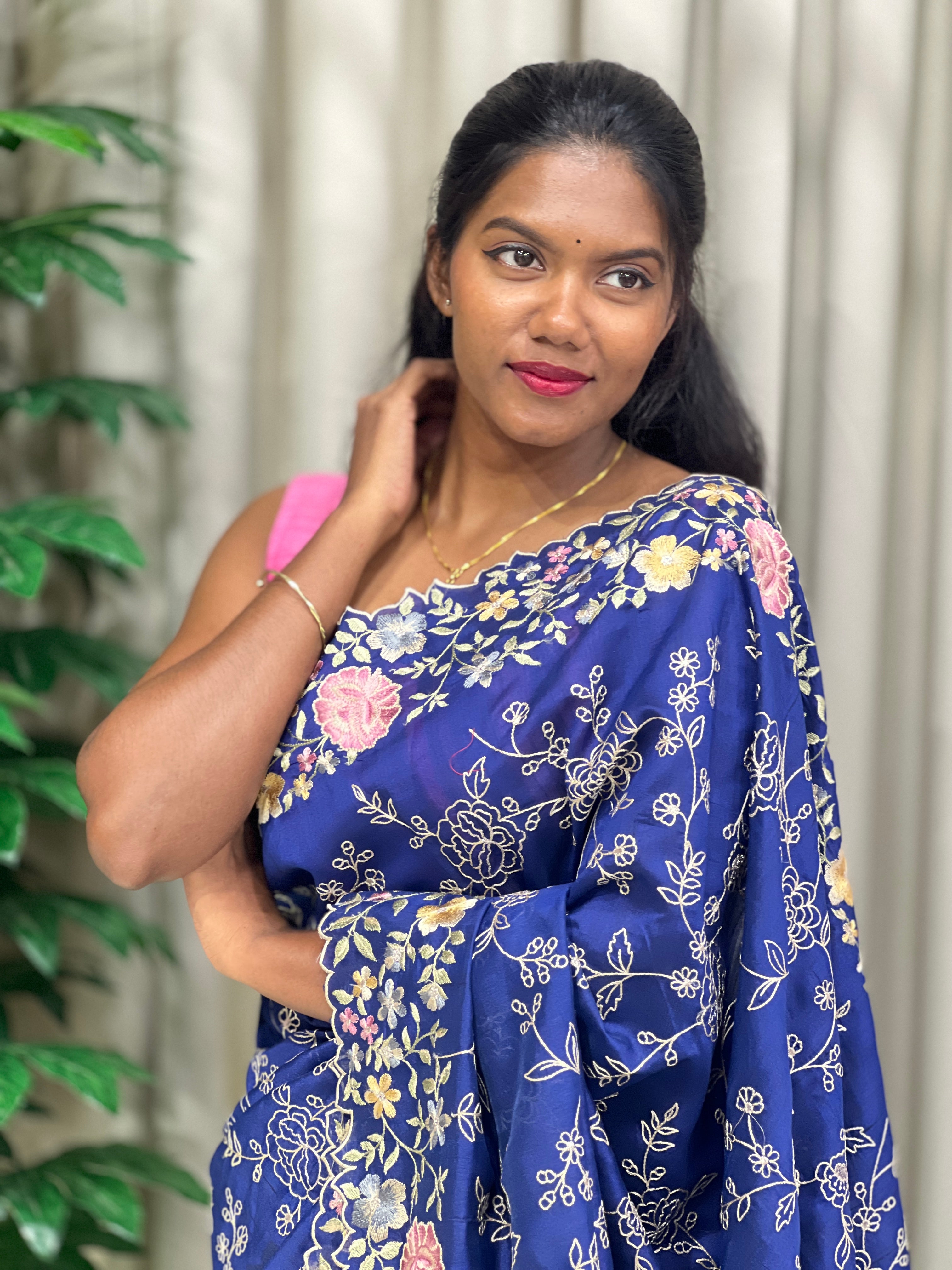 Floral Machine Embroidery Detailed Semi Tussar Saree | DVS204