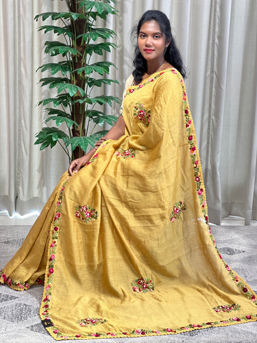 Floral Embroidery Pure Chanderi Saree | ZAH116