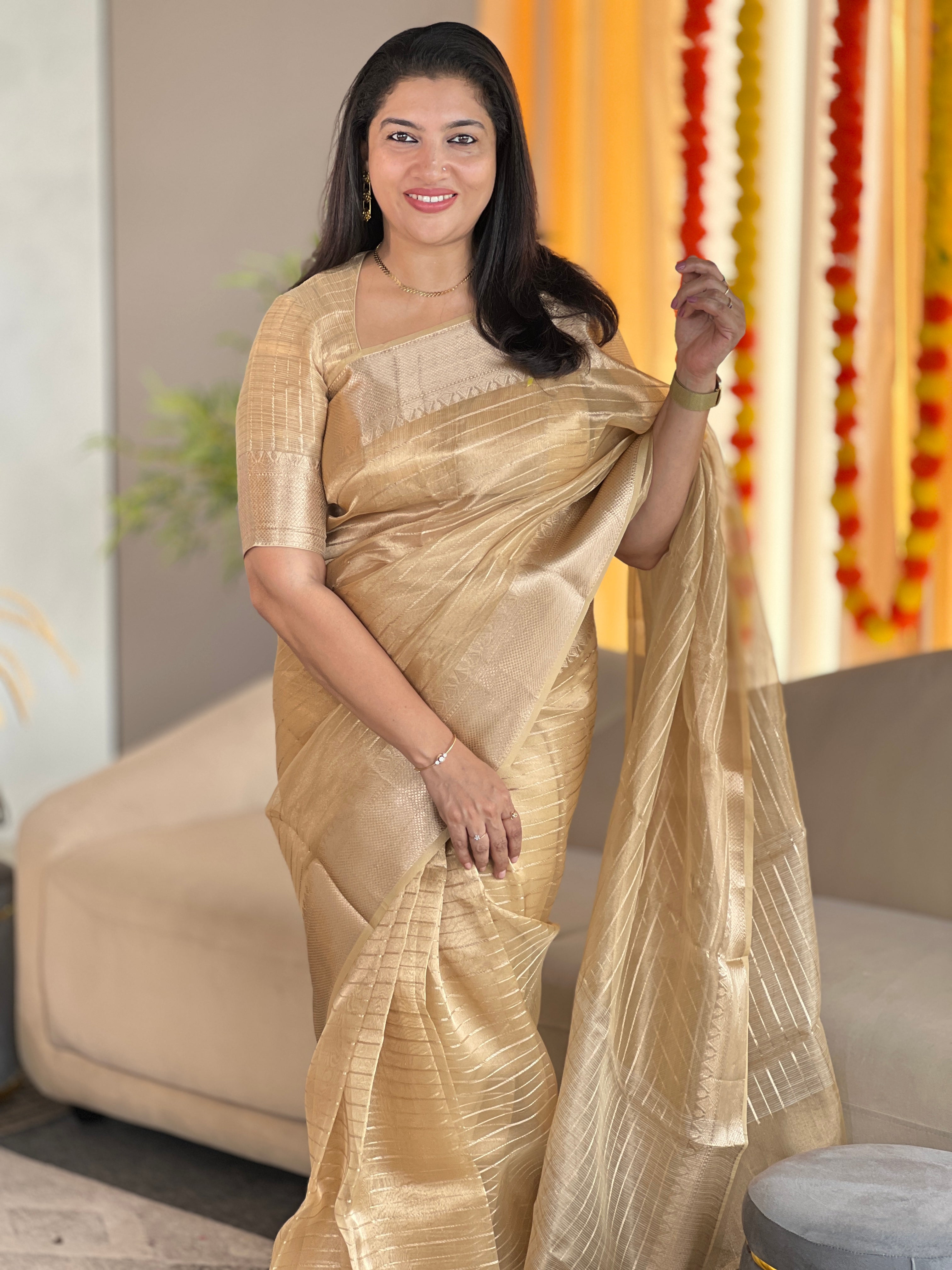 Line Weaved Viscose Tissue Organza Saree | NN118