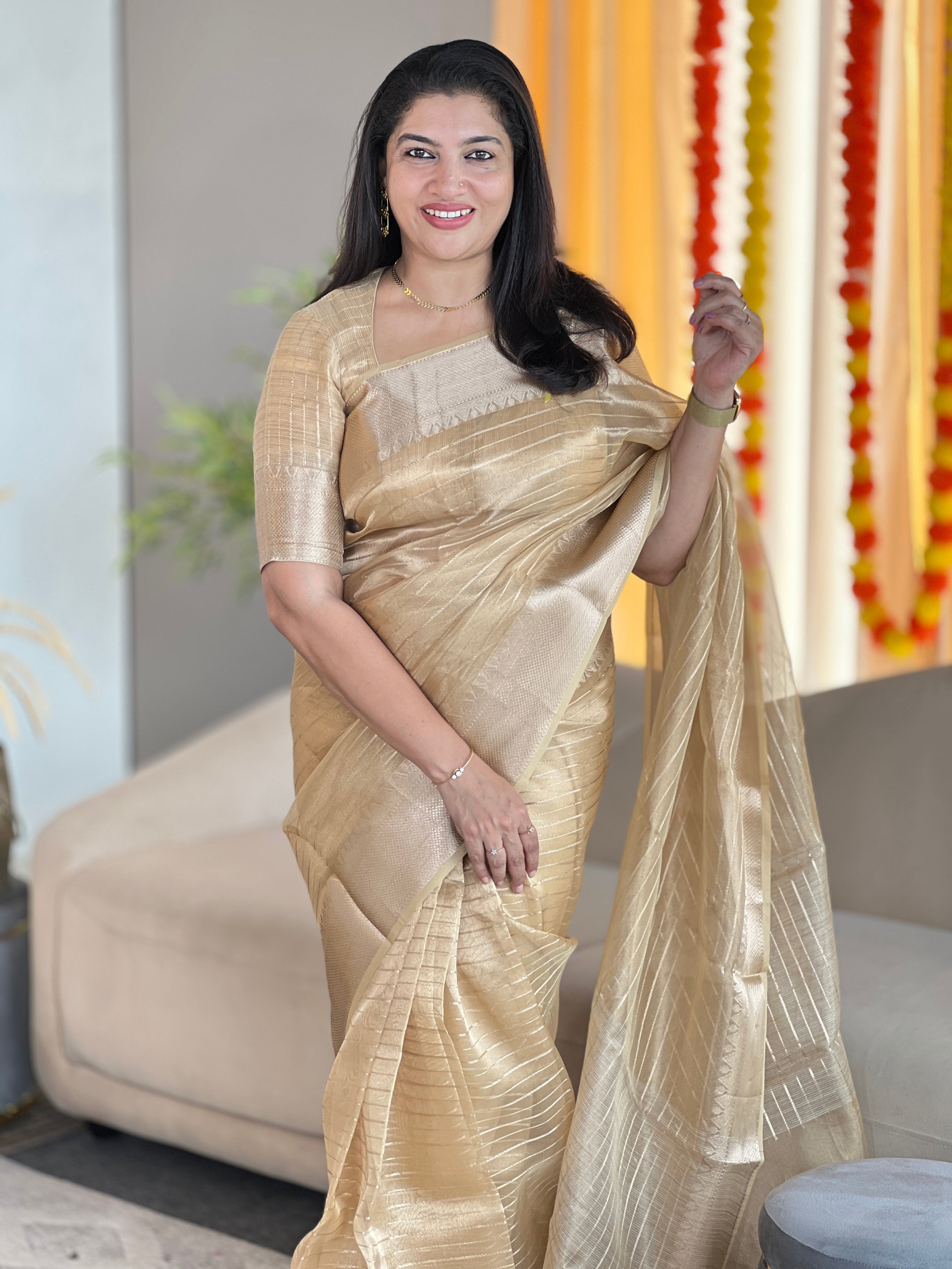 Line Weaved Viscose Tissue Organza Saree | NN118