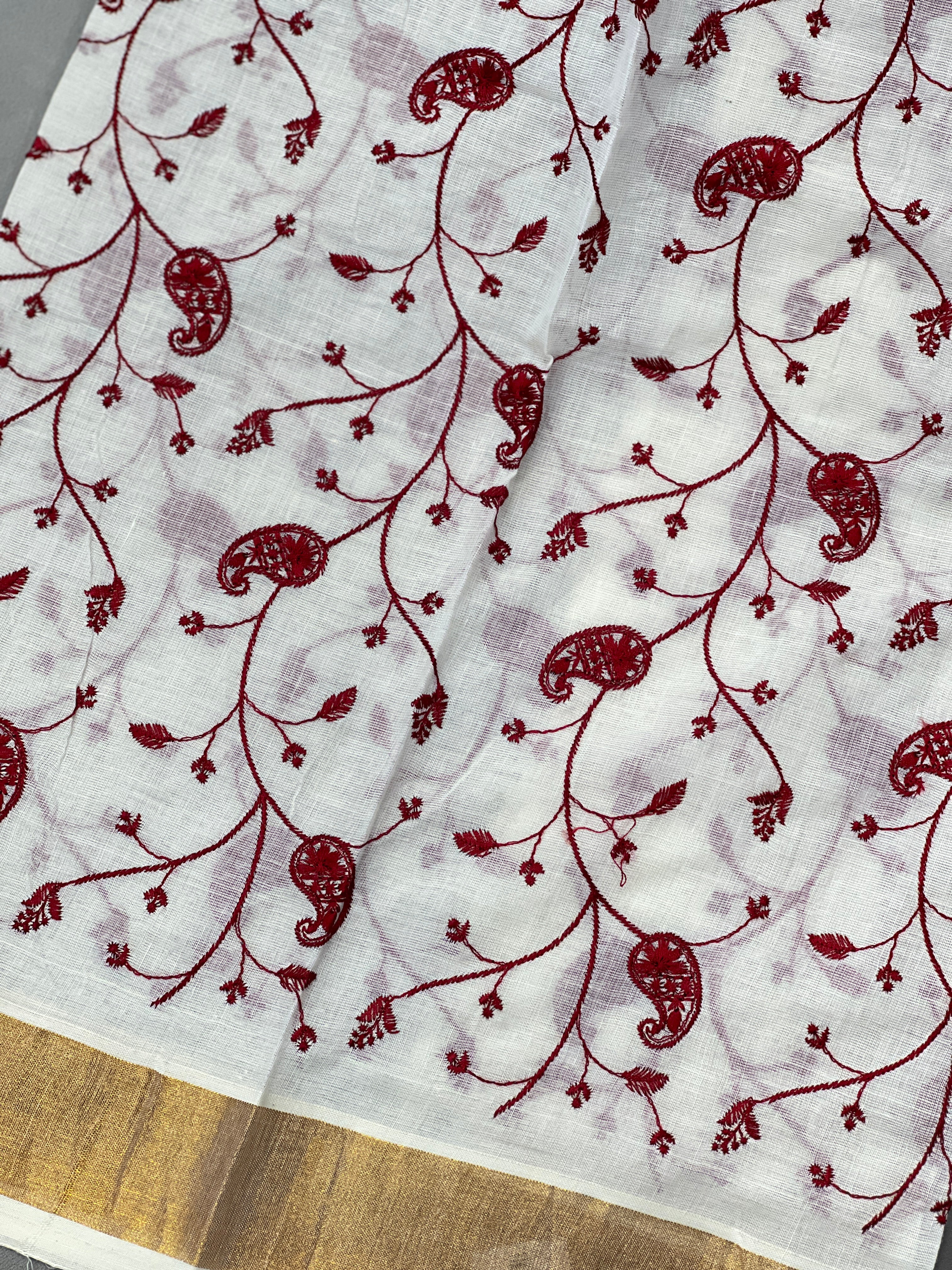 Paisley Embroidery Patterned Kerala Cotton Saree | JSC285